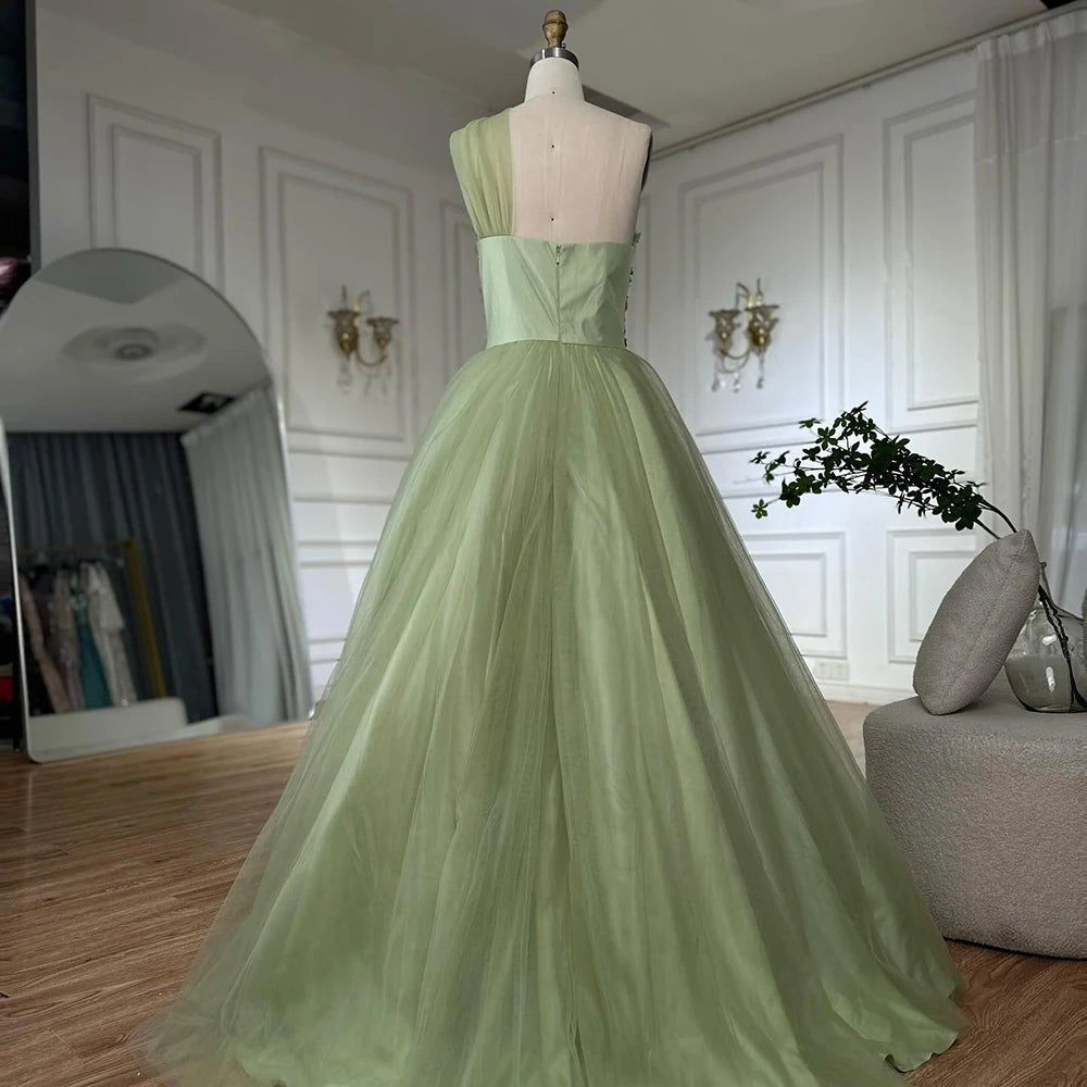 Elegant One Shoulder Sage Green Dubai Luxury A-Line Appliques Long Arabic Evening Gown LA72783 for Formal Events, Weddings & Red Carpet Occasions