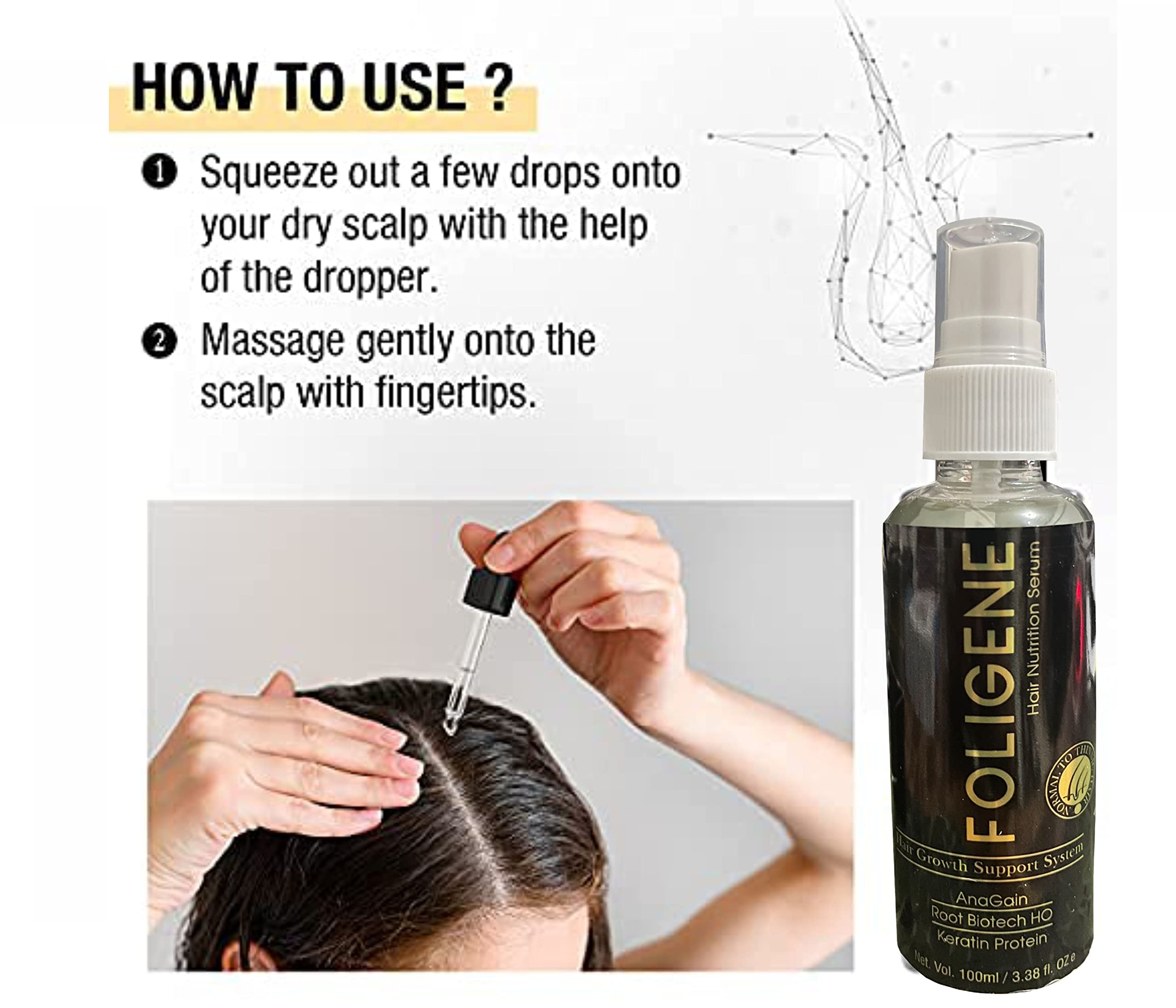 Rotex Foligene Hair Growth Serum with Anagain & Keratin Protein - 100ml Hair Treatment for Thicker, Stronger Hair | Prevents Hair Loss & Stimulates Growth | Ideal for Daily Use, Post-Wash Care & Scalp Nourishment