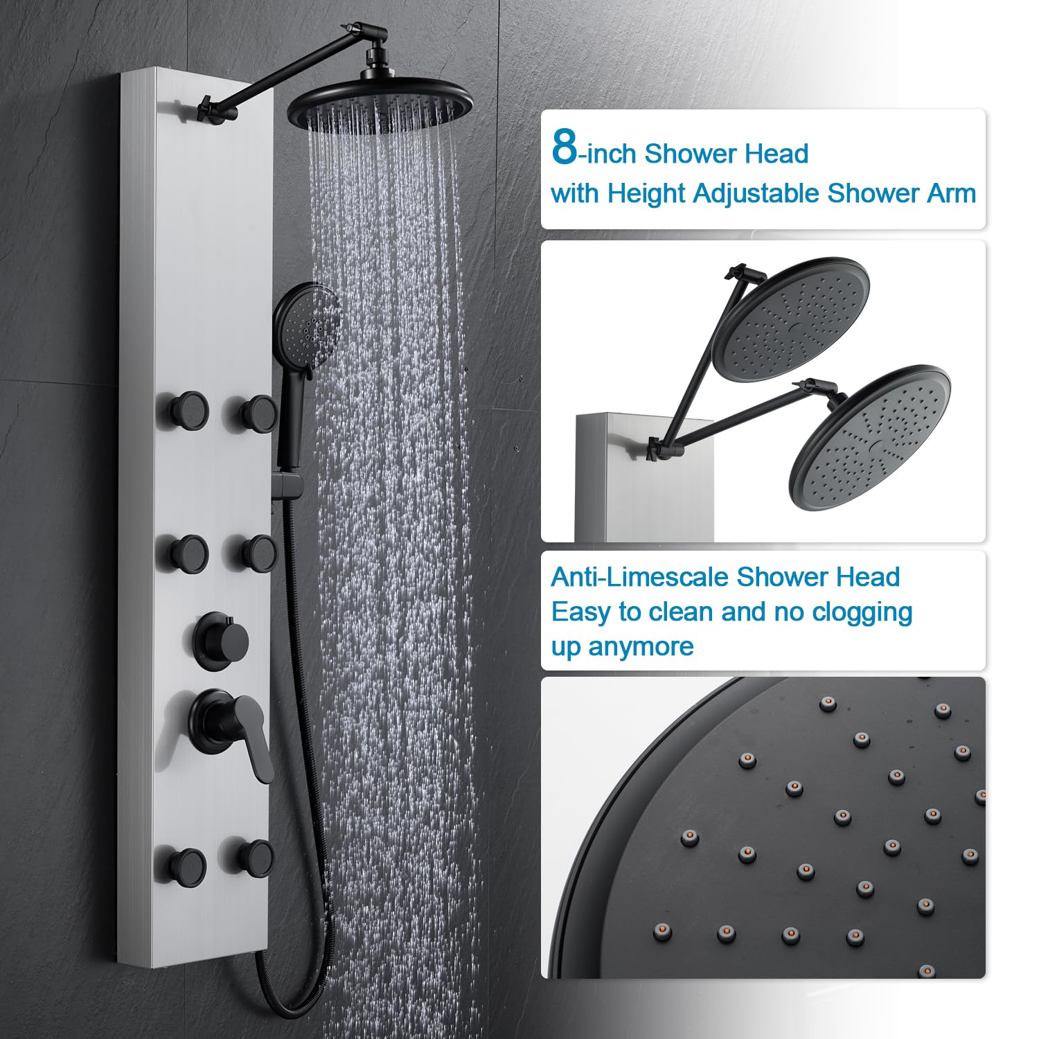 Premium Shower Panel Tower System with Adjustable Rainfall Shower Head, 6 Body Massage Jets & 5-Function Handheld Shower - Brushed Stainless Steel for Luxury Spa Experience at Home