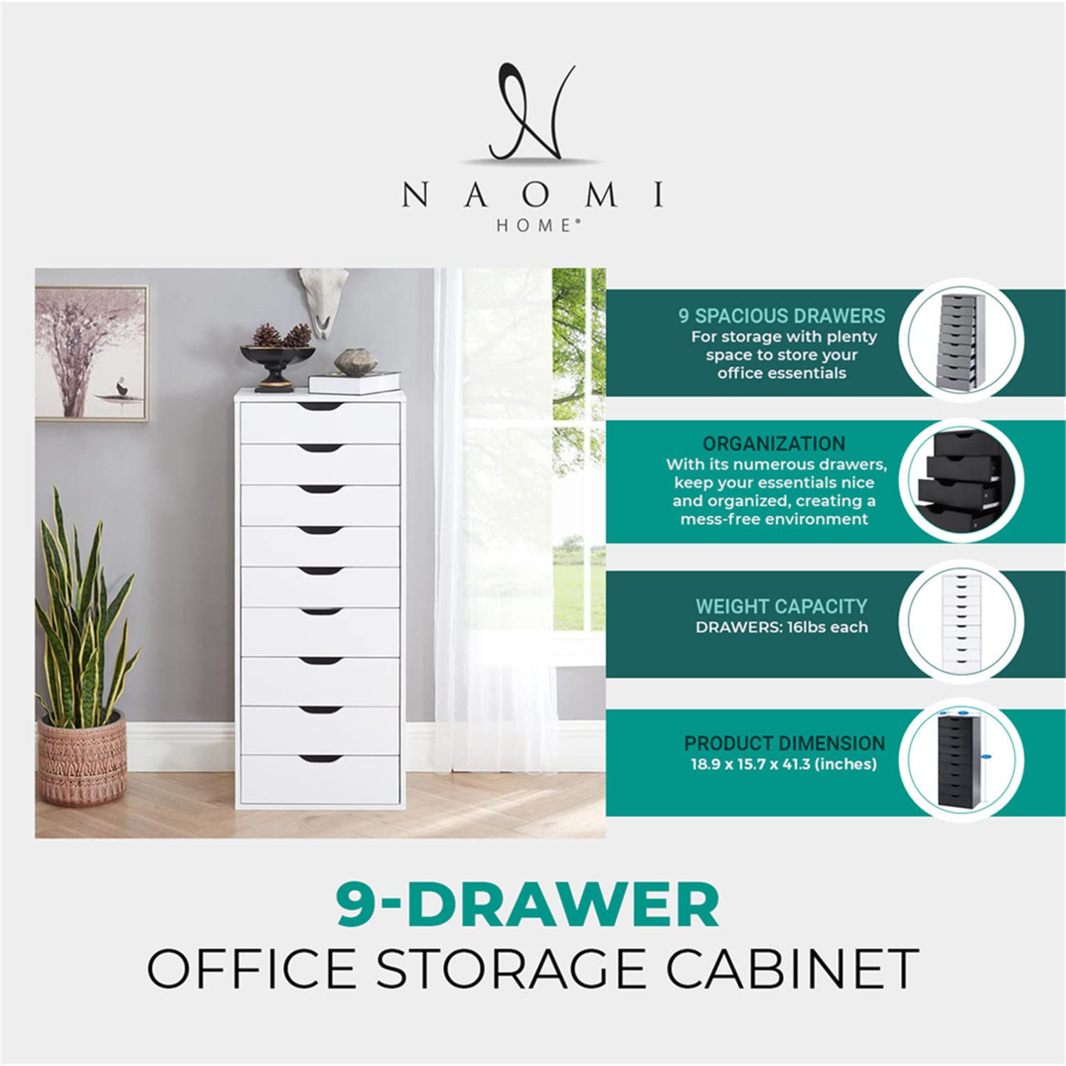 Naomi Home 9-Drawer Rolling File Cabinet with Wheels - Black Office Storage Organizer for Home & Business, 200 lbs Capacity - Perfect as Under Desk Storage, Printer Stand & Filing Solution