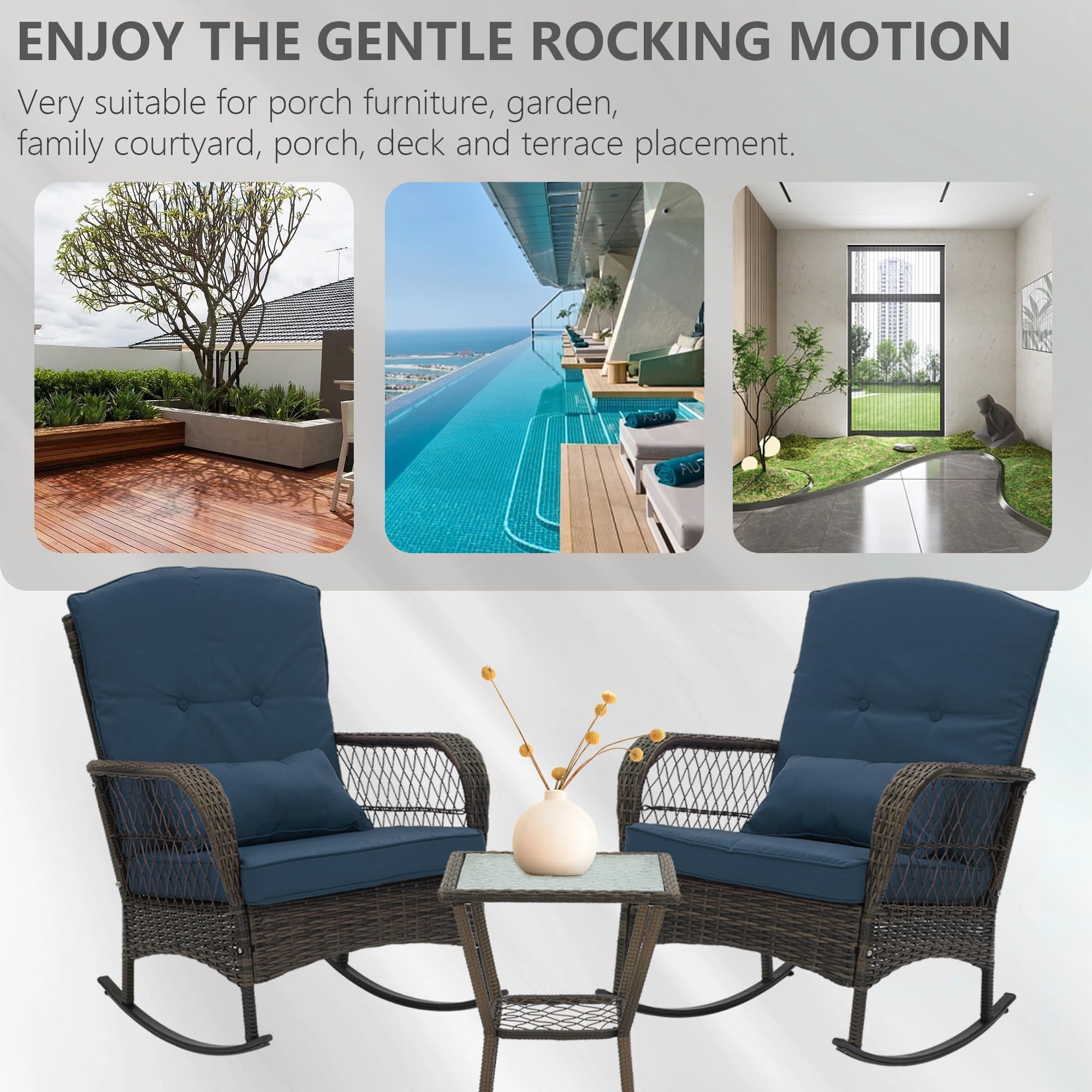 Outdoor Wicker Rocking Chairs Set of 3 with Cushions & Side Table - Patio Furniture Rattan Rocker Chairs for Garden, Porch, Lawn, Balcony (Blue) - Perfect for Relaxing, Lounging & Outdoor Entertaining