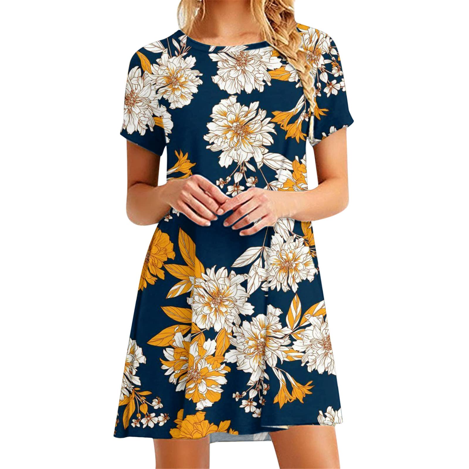 Women's Summer Sun Dress - Casual Elegant Short Sleeve Loose Fit Printed Round Neck Dress | Perfect for Beach Vacation, Garden Party & Everyday Wear