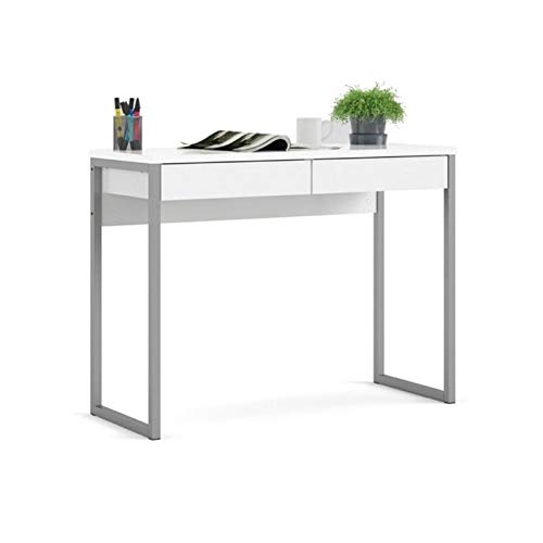 Levan Home 2 Drawer White High Gloss Computer Desk - Modern Writing Desk for Home Office, Study & Small Spaces