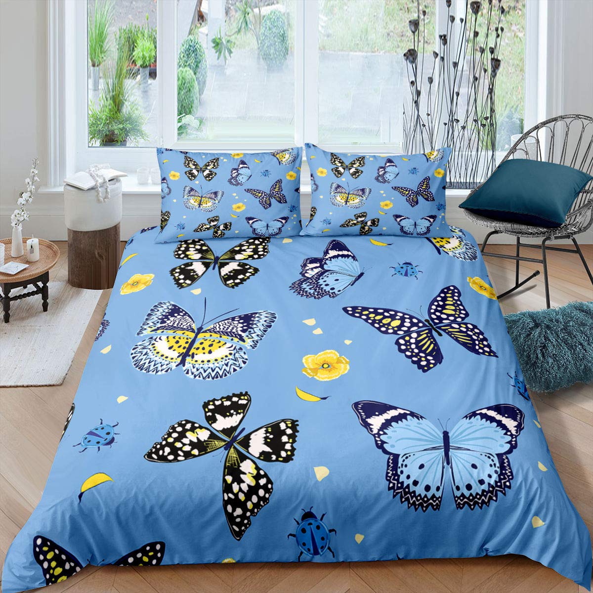 Erosebridal Blue Butterfly Duvet Cover Set - Twin Size 2-Piece Bedding with Zipper Closure, Yellow Floral Design | Soft Comforter Cover for Girls Room, Teen Bedroom Decor & Butterfly Themed Nursery