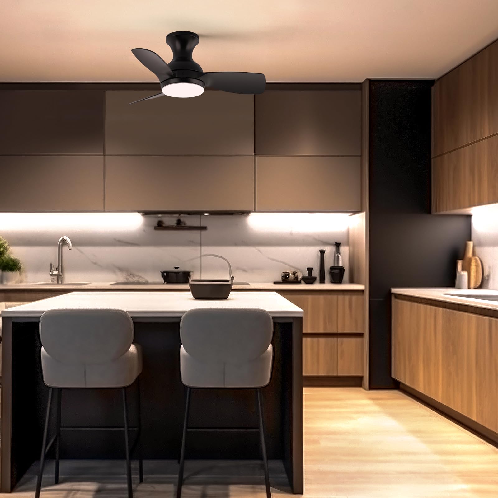 30 Inch Black Low Profile Modern Ceiling Fan with Lights & Remote Control - Flush Mount, Reversible Quiet DC Motor, 6 Speed & Dimmable - Damp Rated for Kitchen, Bedroom, Patio & Outdoor Use