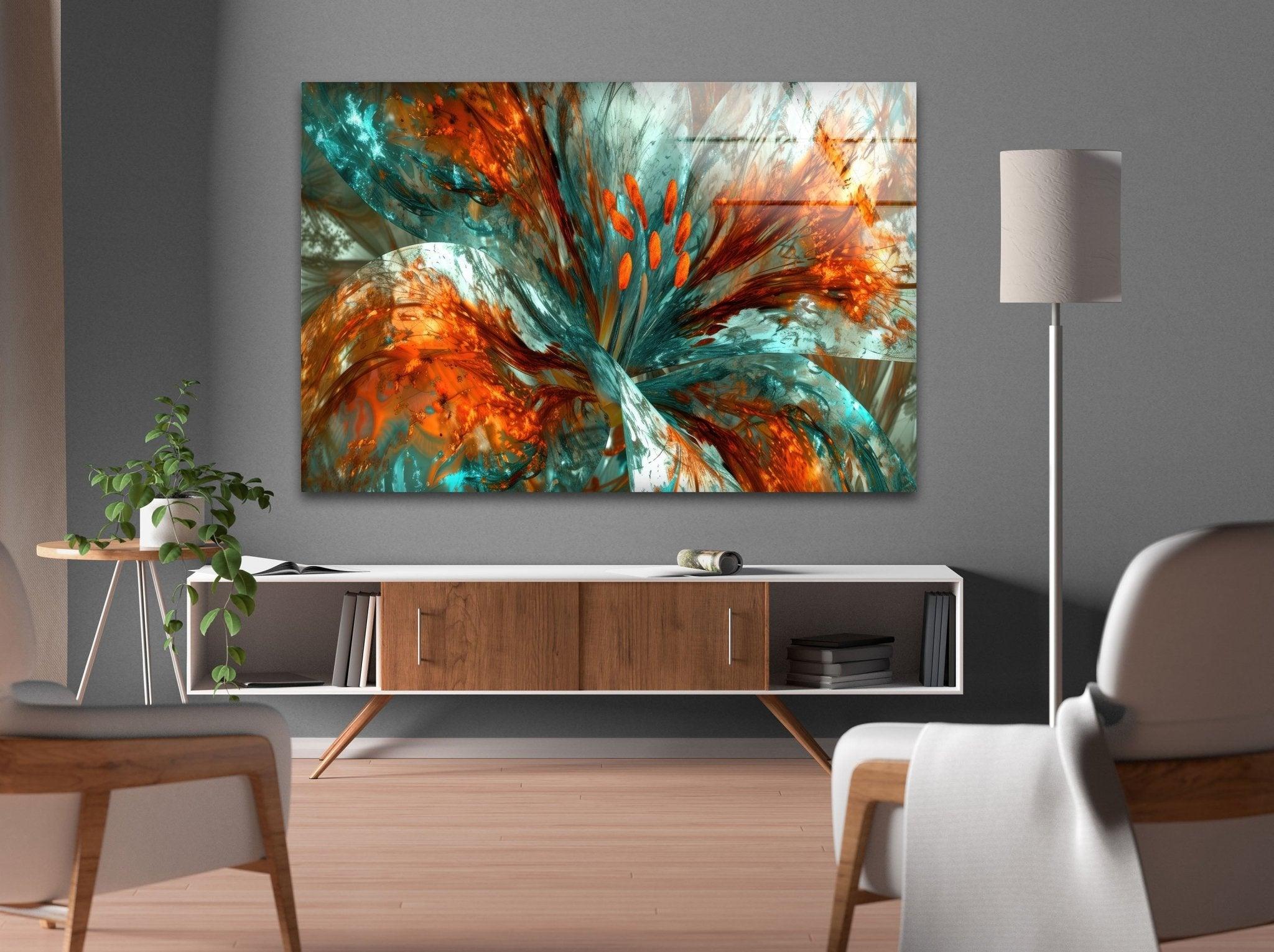 Abstract Floral Painting Glass Wall Art - Modern Home Decor for Living Room, Bedroom & Office - Elegant Handmade Glass Artwork for Interior Design
