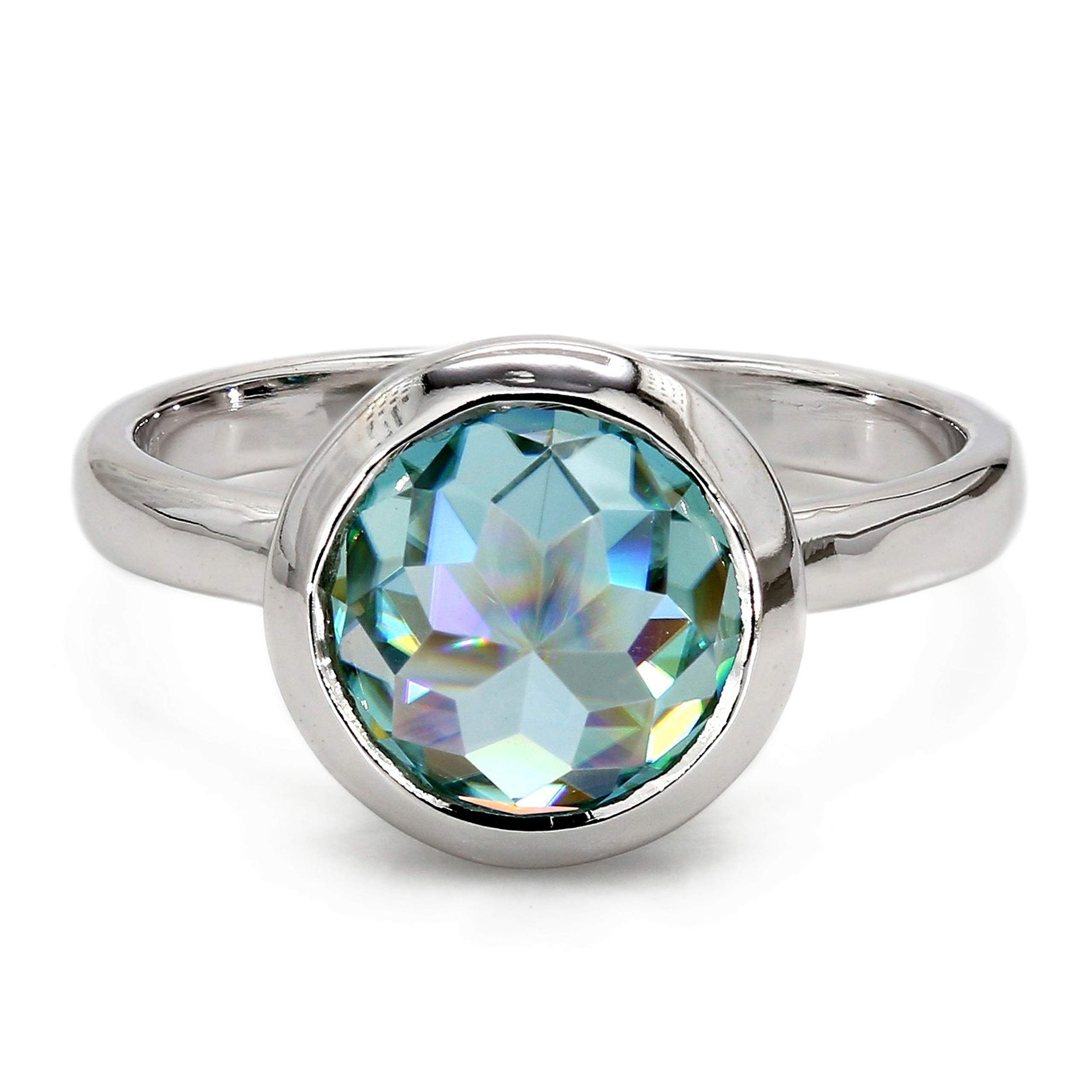 2.01 CT Round Rose Cut Cyan Blue Moissanite Engagement Ring - 14K White Gold Solitaire Bezel Set Wedding Band for Women | Size 5 US | Perfect for Proposals, Anniversaries & Bridal Jewelry Gifts
