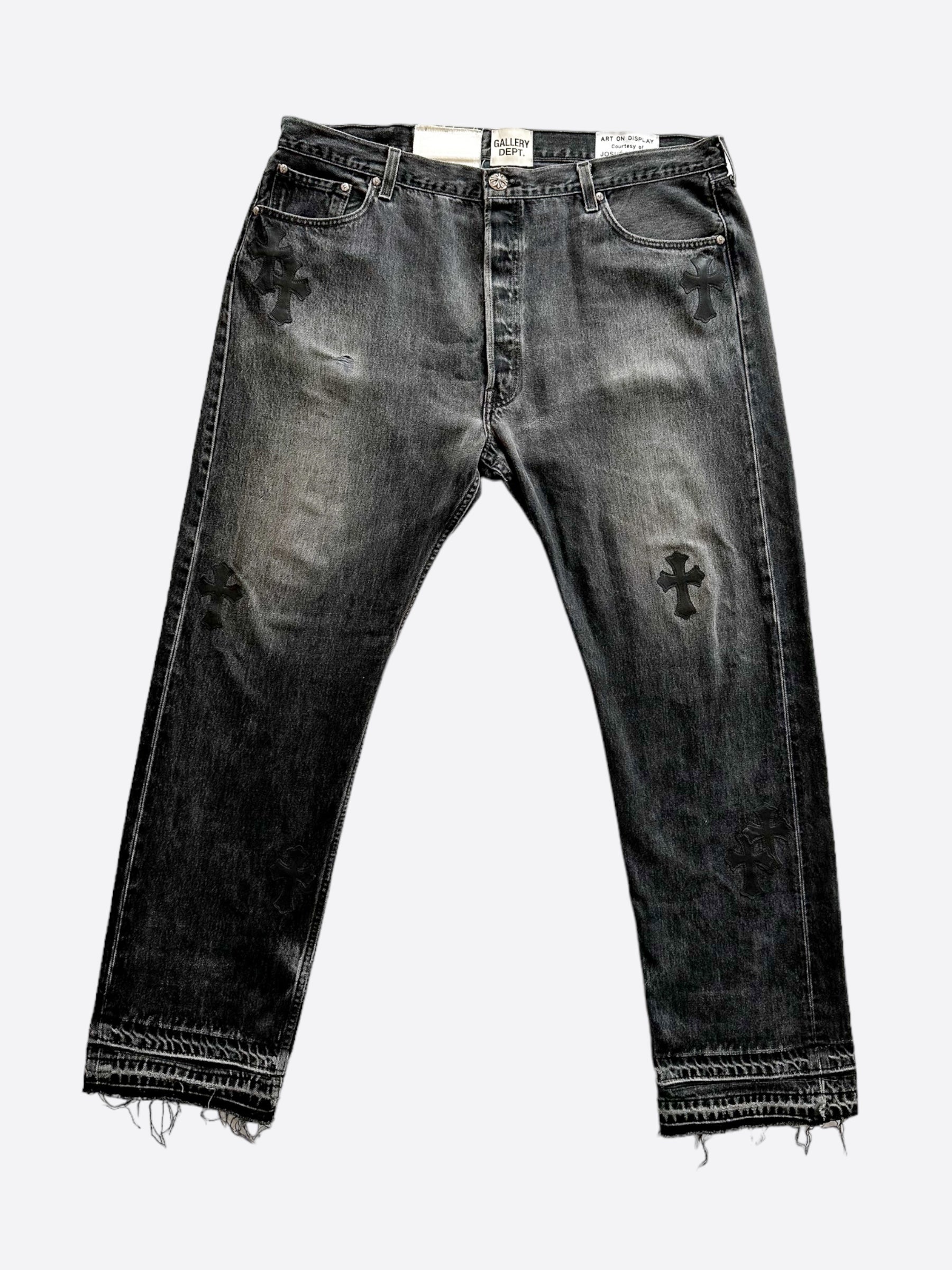 Chrome Hearts x Gallery Dept x Levis Grey & Black Cross Patch Distressed Jeans for Men - Vintage Denim Pants with Unique Design, Perfect for Streetwear & Casual Outfits