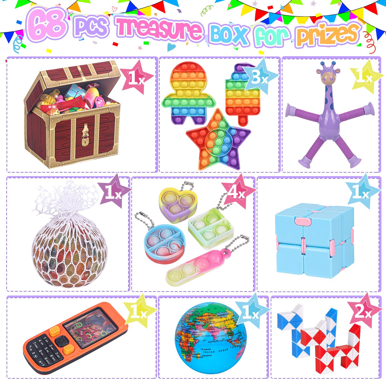 68 Pack Fidget Toys for Kids - Sensory Stress Relief Toys, Classroom Prizes, Treasure Box & Carnival Party Favors - Pinata Fillers & Goodie Bag Stuffers for Boys Girls Ages 3-8 (Great for ADHD, Anxiety Relief & Focus Improvement)