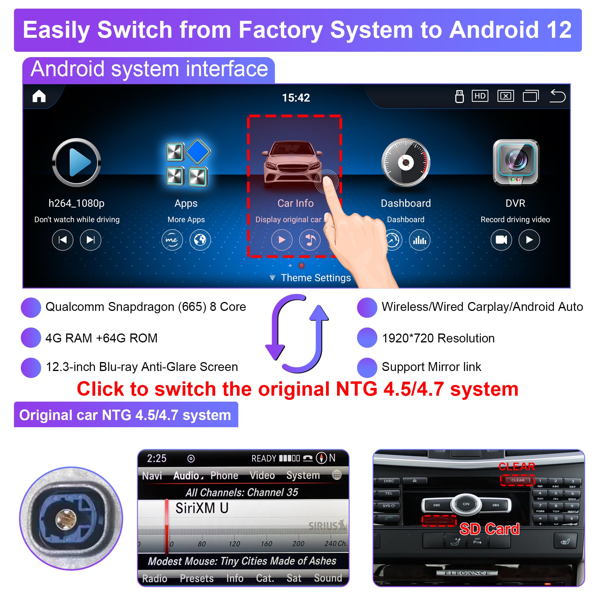 64GB Android Car Stereo with Bluetooth, AM/FM, Wireless CarPlay for Mercedes Benz A/G Class 2013-2015 | 12.3