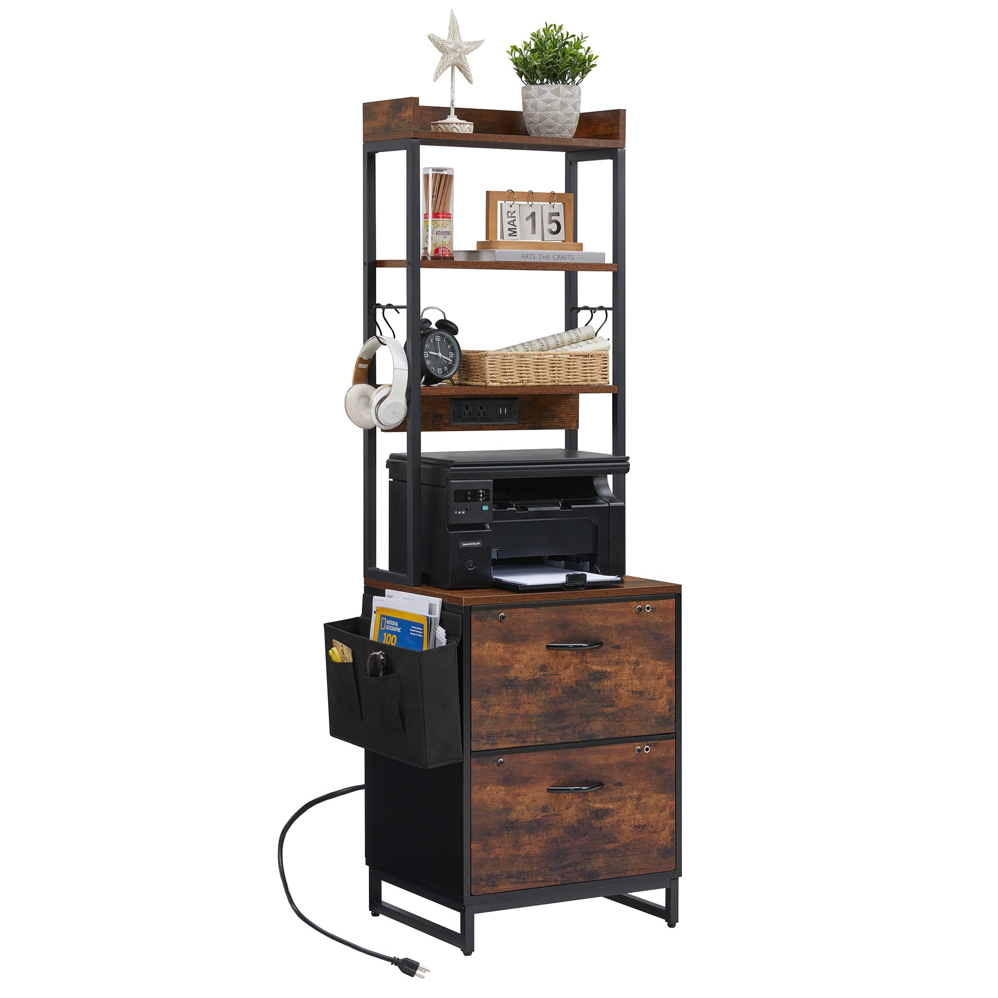 2-Drawer File Cabinet with Adjustable Hanging Folders & Storage Shelf - Letter/A4 Size Office Storage with Built-in Power Outlet - Perfect for Home Office, Study Room & Small Workspaces