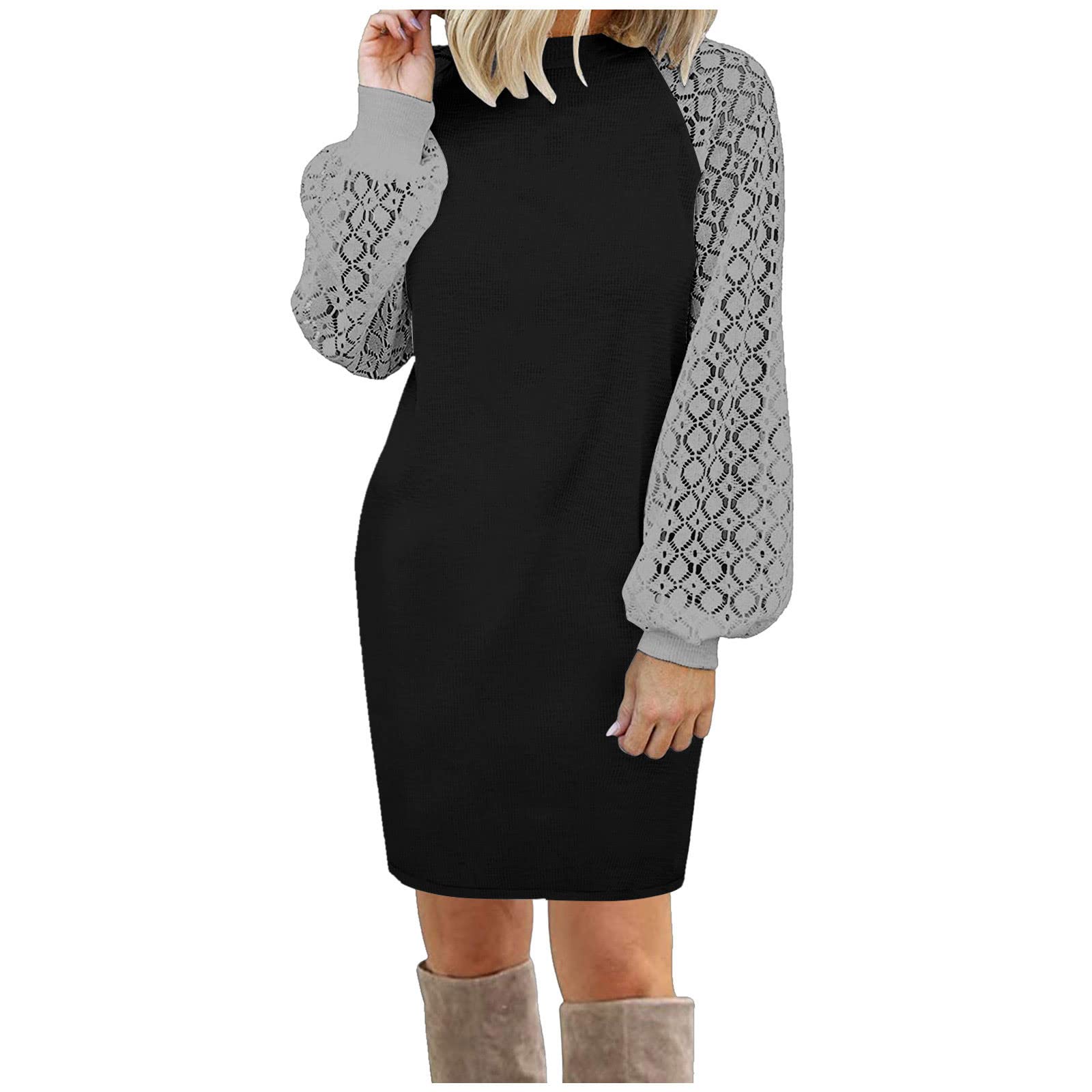 Elegant Women's Waffle Dress with Lace Sleeves - Midi Bodycon Dress for Party, Holiday & Casual Wear | Crewneck Splicing Outfit for Date Night, Office & Special Occasions