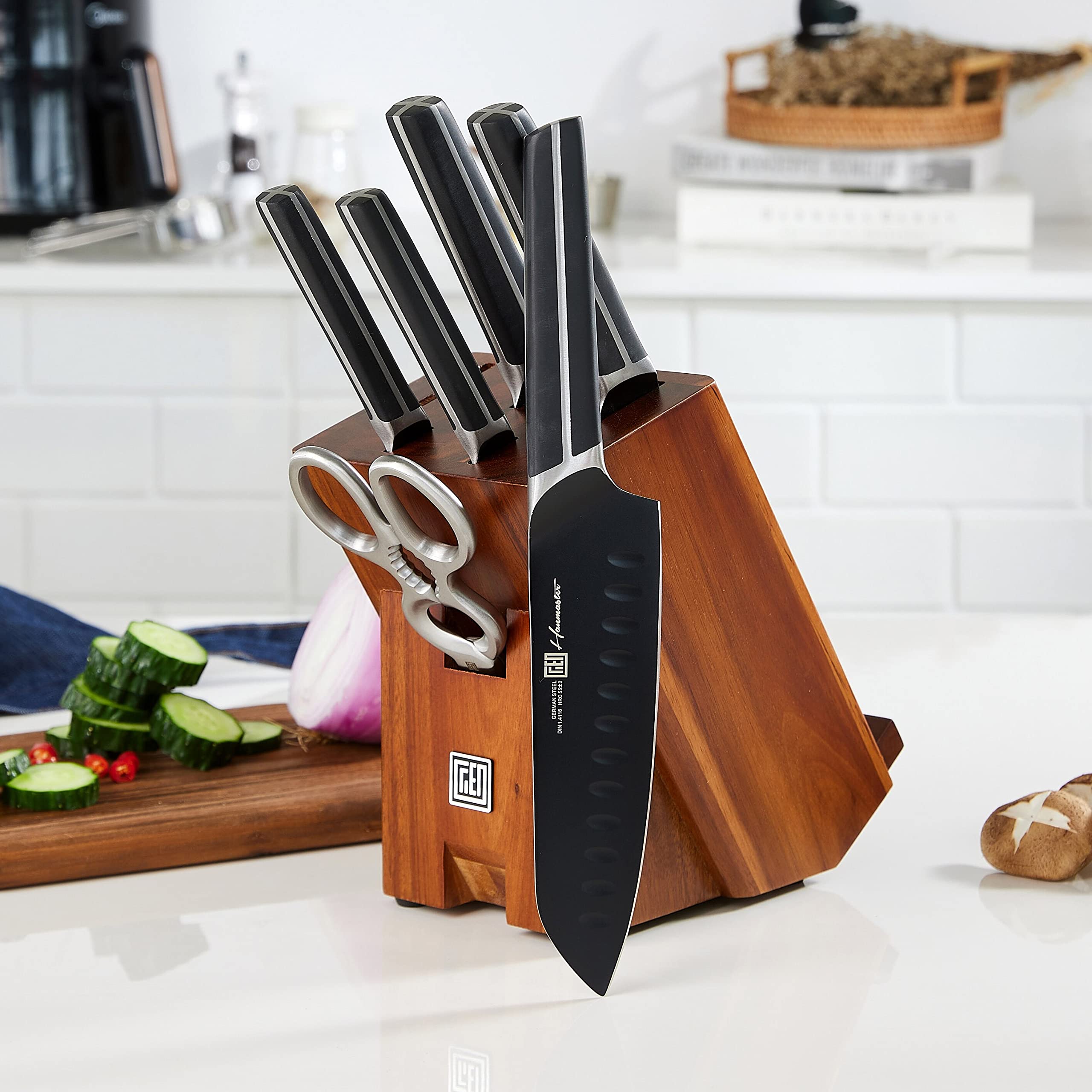 7-Piece German Stainless Steel Kitchen Knife Set with Acacia Wood Block & Scissors - Professional Chef Knives for Cooking, Slicing, Dicing - Perfect for Home Kitchens, Wedding Gifts & Culinary Enthusiasts