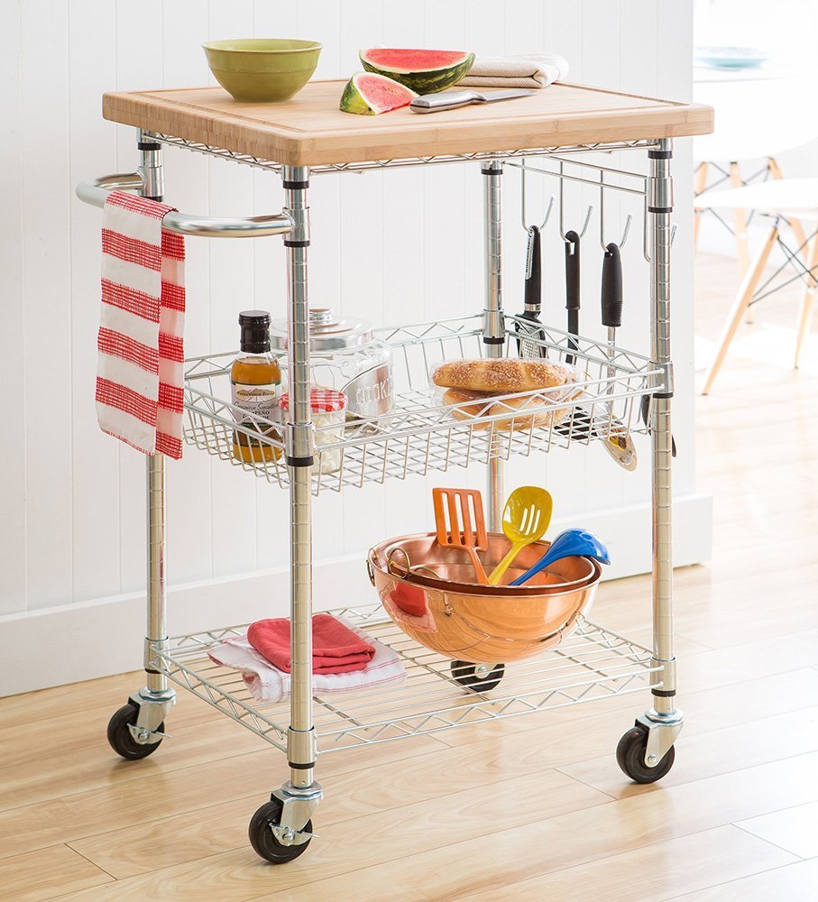 Trinity EcoStorage Bamboo Top Kitchen Cart - Rolling Island with Storage Shelf for Small Spaces, Perfect for Kitchen, Dining Room, or Office Organization