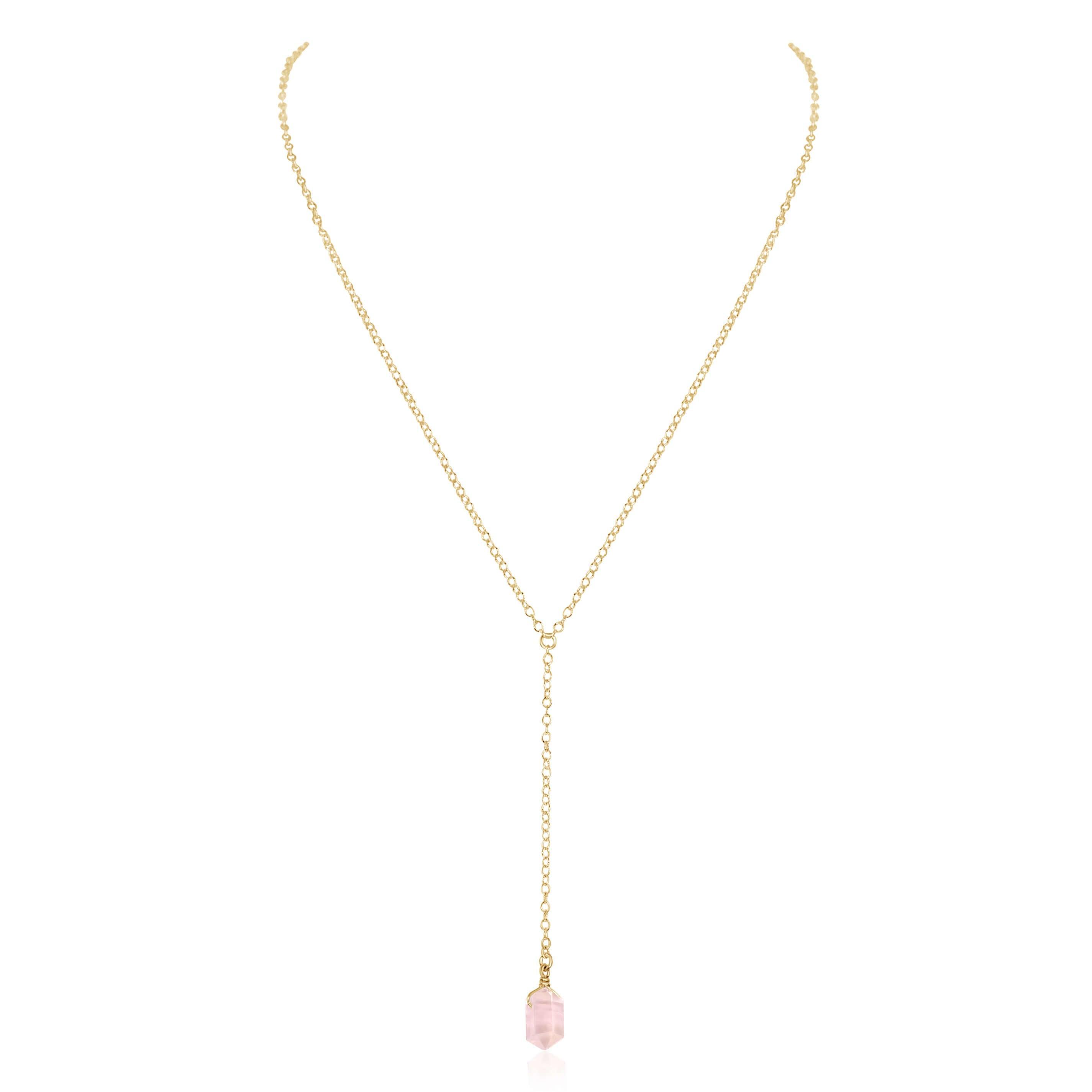 Rose Quartz Double Terminated Mini Crystal Point Lariat Necklace - Healing Stone Jewelry for Women, Dainty Boho Pendant Necklace - Perfect for Meditation, Energy Work & Everyday Wear