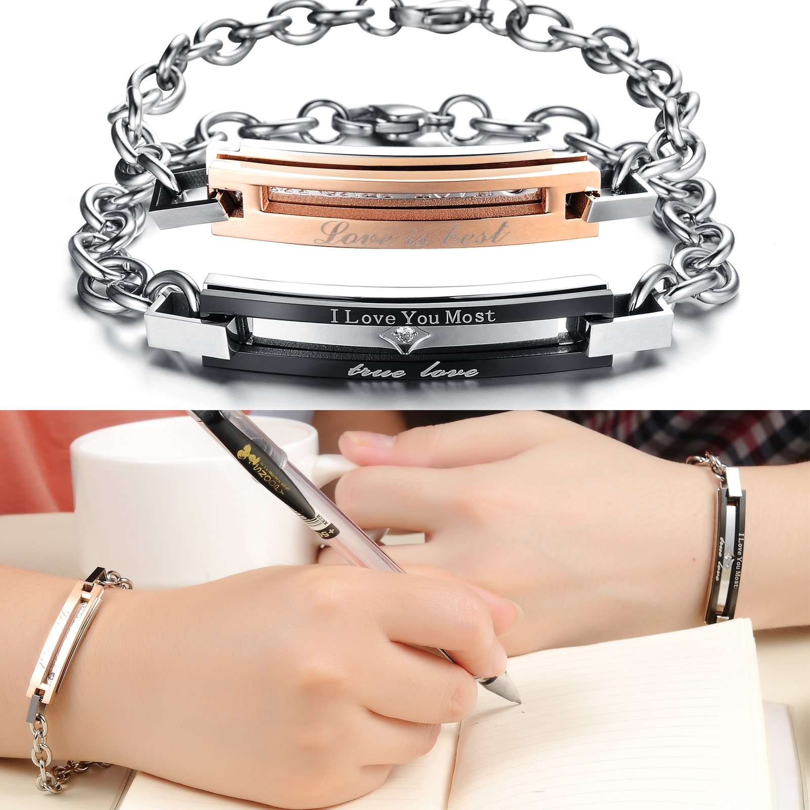 SunnyHouse His & Hers Matching Couple Bracelet Set - Titanium Stainless Steel Korean Style Love Bracelets in Gift Box - Romantic Anniversary Wedding Valentine's Day Gift for Couples