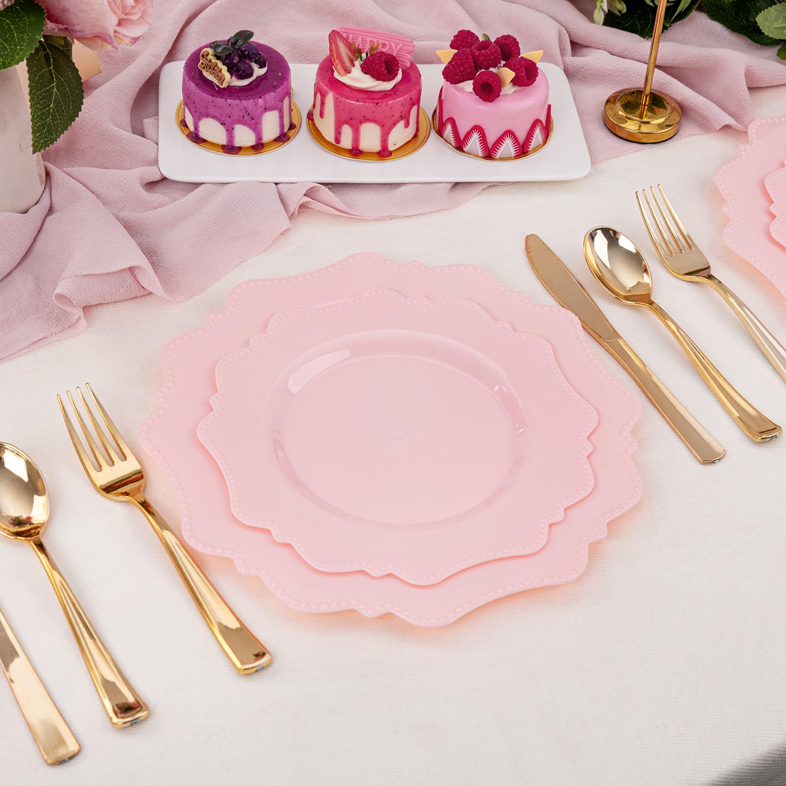 COLOSUS 60-Pack Pink Plastic Plates for Wedding, Birthday & Easter Parties - Dinner & Dessert Use