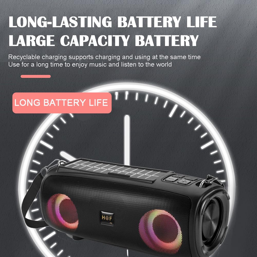 Solar Bluetooth Speaker with LED Marquee - Portable Wireless Outdoor Speaker with Solar Charging, FM Radio, Waterproof Design for Camping, Beach, Travel, Parties & Home Use (Black)