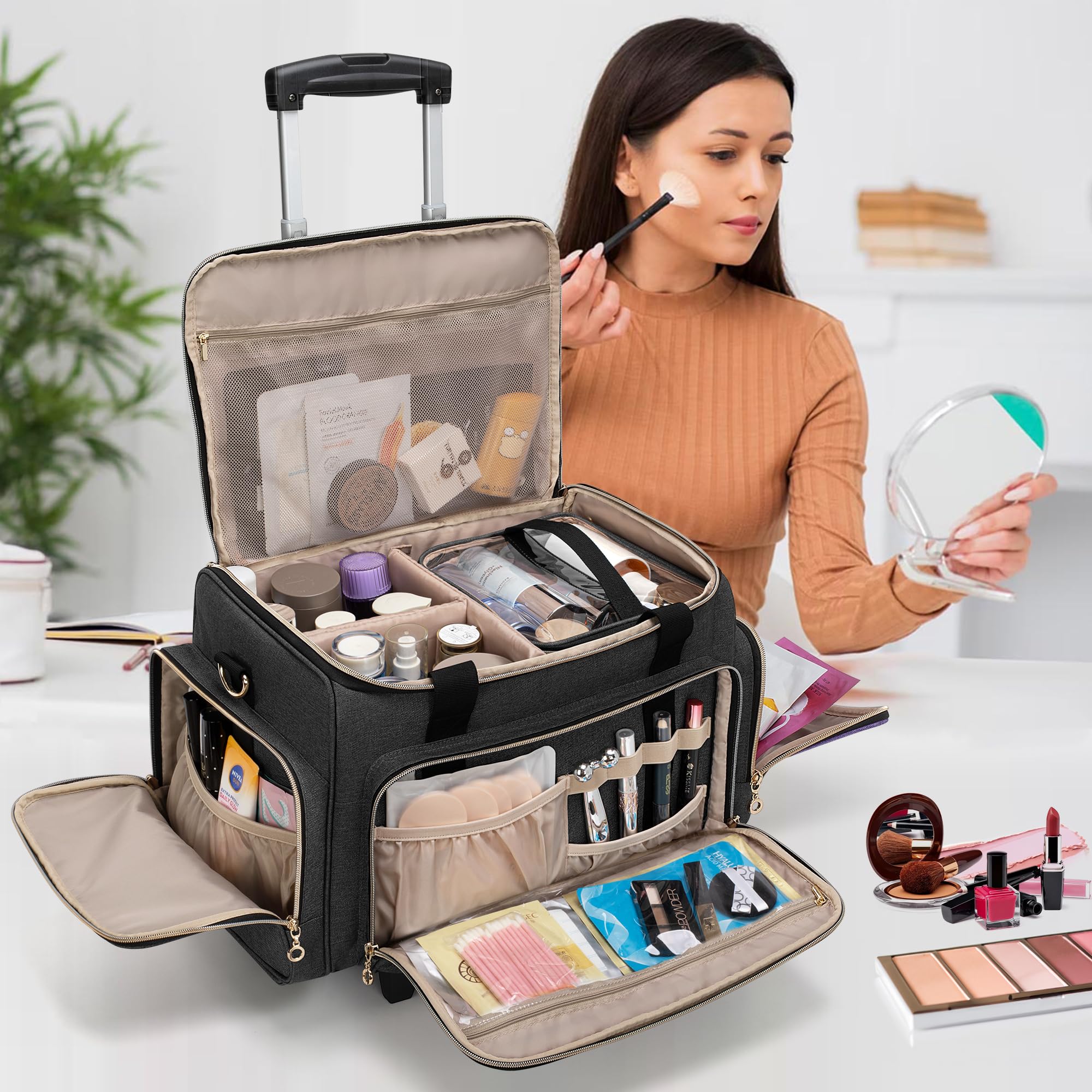 LUXJA Large Rolling Makeup Case with 3 Removable Pouches & Brush Bag - Professional Cosmetic Organizer with Detachable Dolly (Patented) - Perfect for Travel, Salon, and Makeup Artists - Black