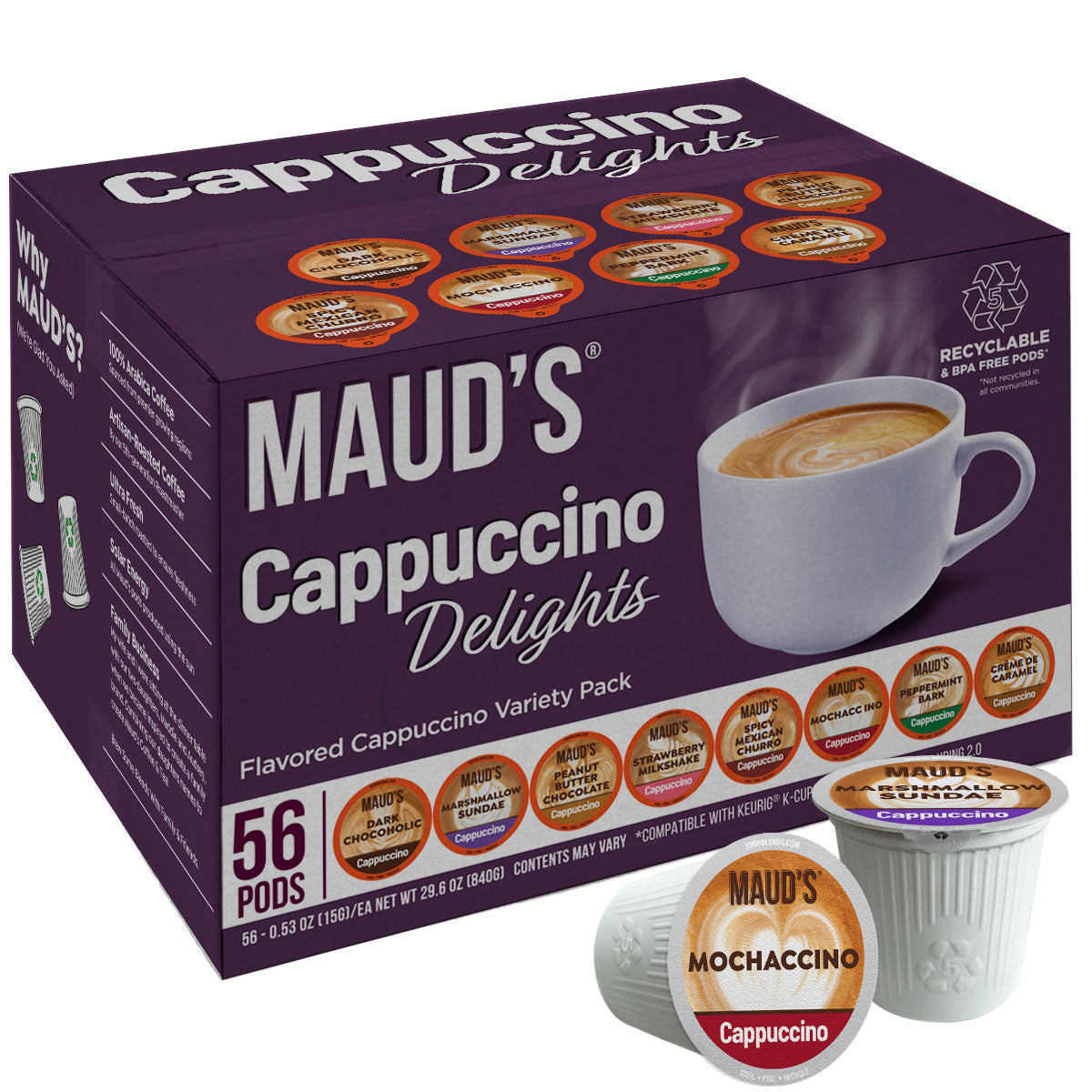 Maud's Cappuccino Variety Pack Coffee Pods - 8 Delicious Flavors for Keurig & Nespresso Machines - Perfect for Home, Office & Gifts
