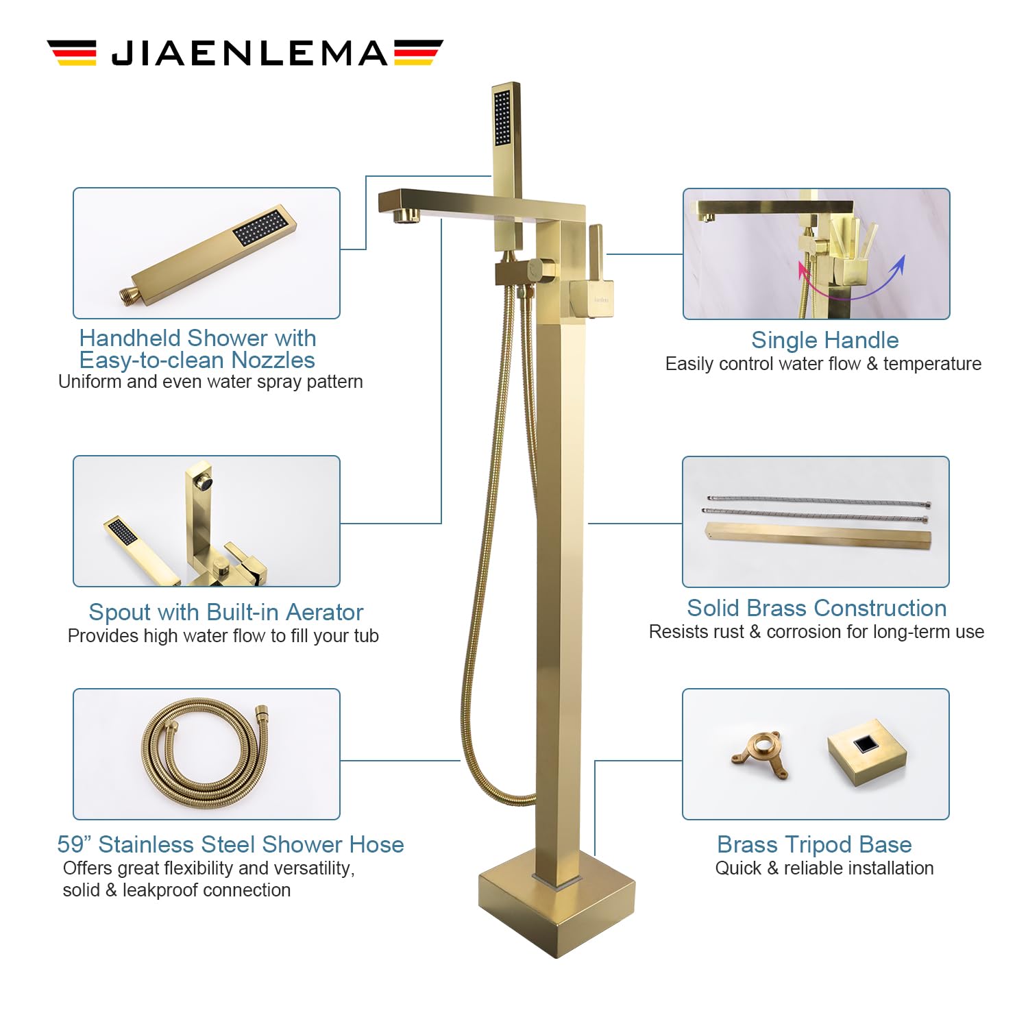 Freestanding Bathtub Faucet - Brushed Gold Floor Mount Tub Filler with Handheld Shower & Hand Sprayer - Single Handle Brass High Flow Mixer Tap for Bathroom - Perfect for Luxury Spa Experience & Modern Home Decor