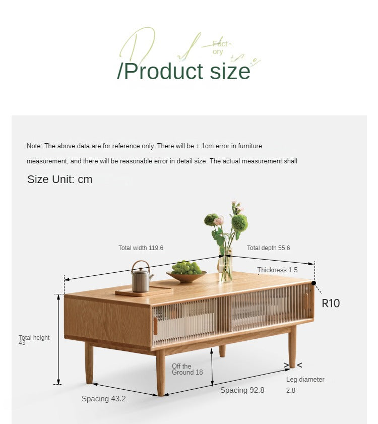 Solid Oak and Beech Wood Coffee Table with Glass Doors - Modern Living Room Furniture for Home Decor and Entertainment