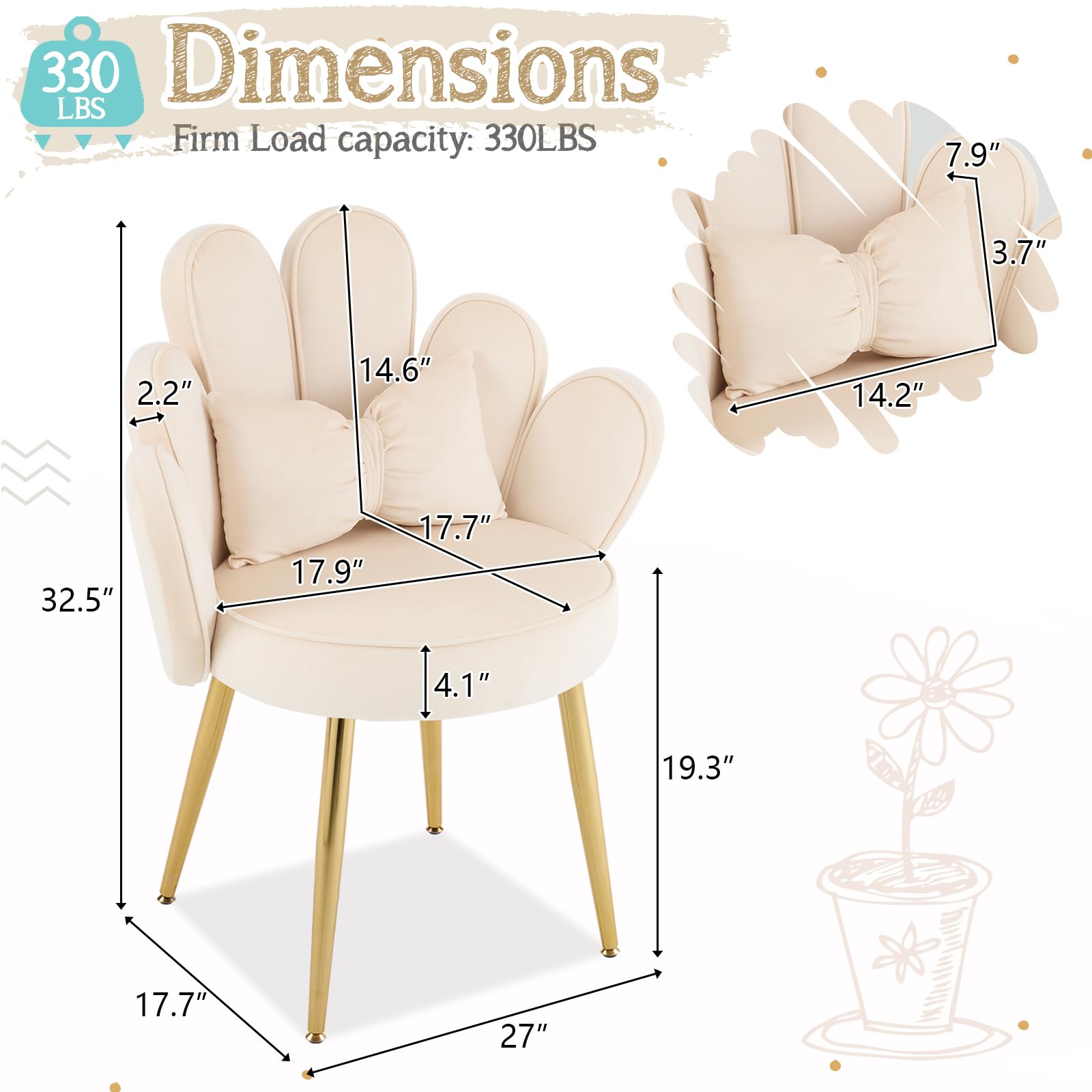 VINGLI Velvet Petal Makeup Vanity Chair with Back - Cute Flower Design Desk Chair, Adjustable Gold Legs & Bow Pillow - No Wheels Comfy Seating for Home Office, Bedroom, Dressing Room - Modern Accent Chair in Beige