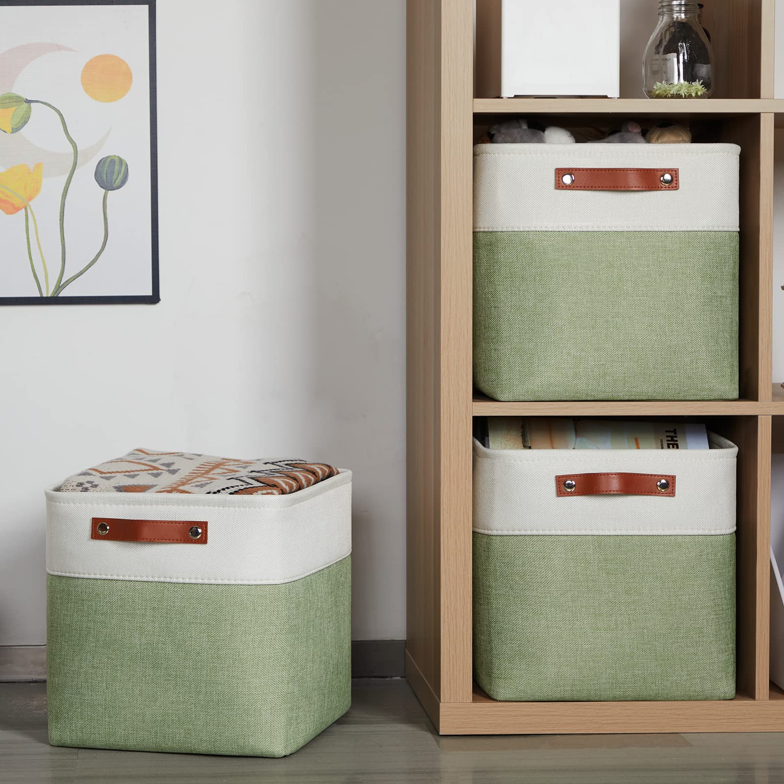 HNZIGE 4-Pack Fabric Storage Cubes - 12x12 Inch Decorative Organizer Bins for Shelves, Kids Toys, Pet Supplies | Versatile Home & Office Storage Solutions (Green & White)