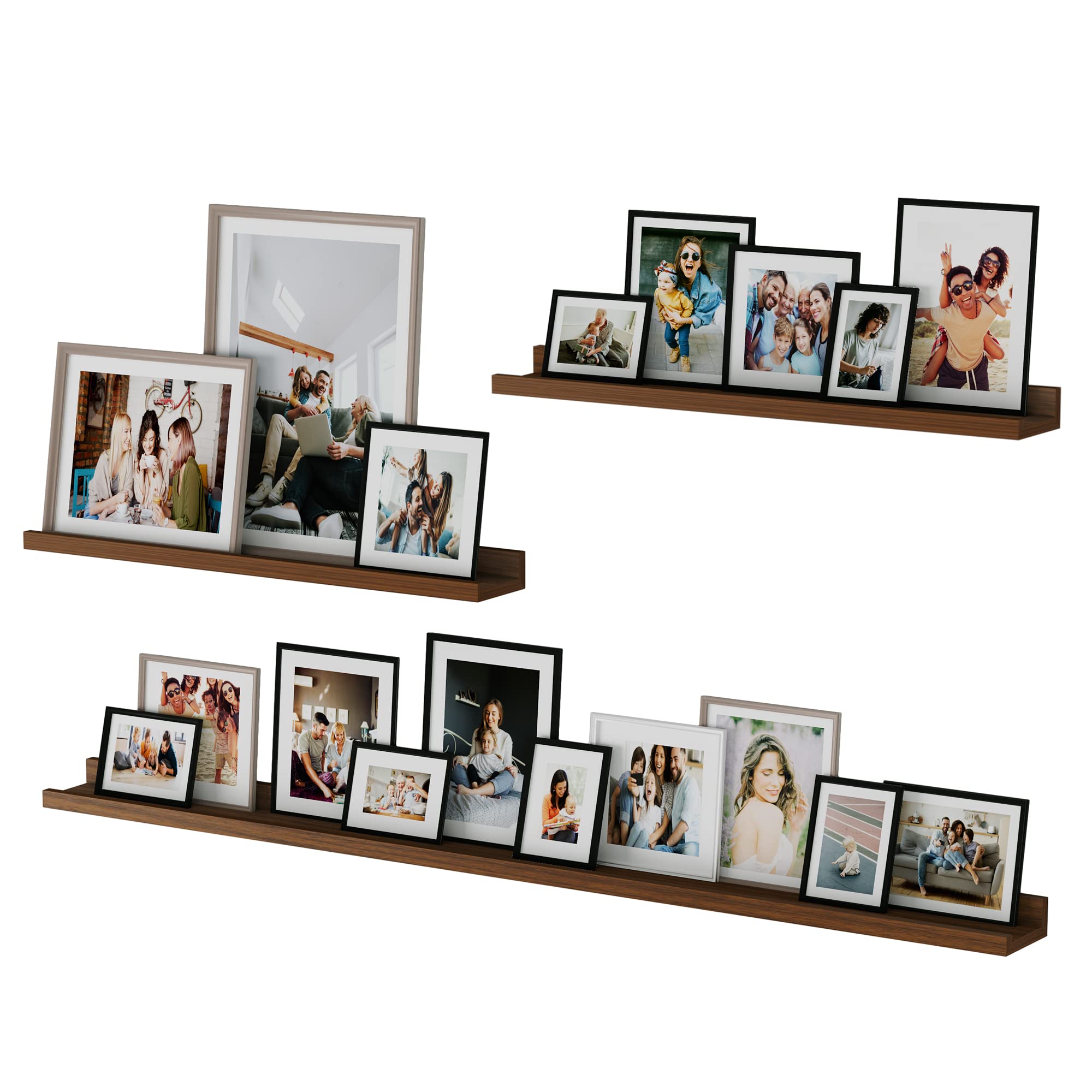 Wallniture Denver Floating Shelves Set of 3 - Multi Size Picture Ledge for Living Room, Office & Bedroom - Walnut Wood Wall Decor for Books, Photos & Display - Space Saving Home Organization Solution