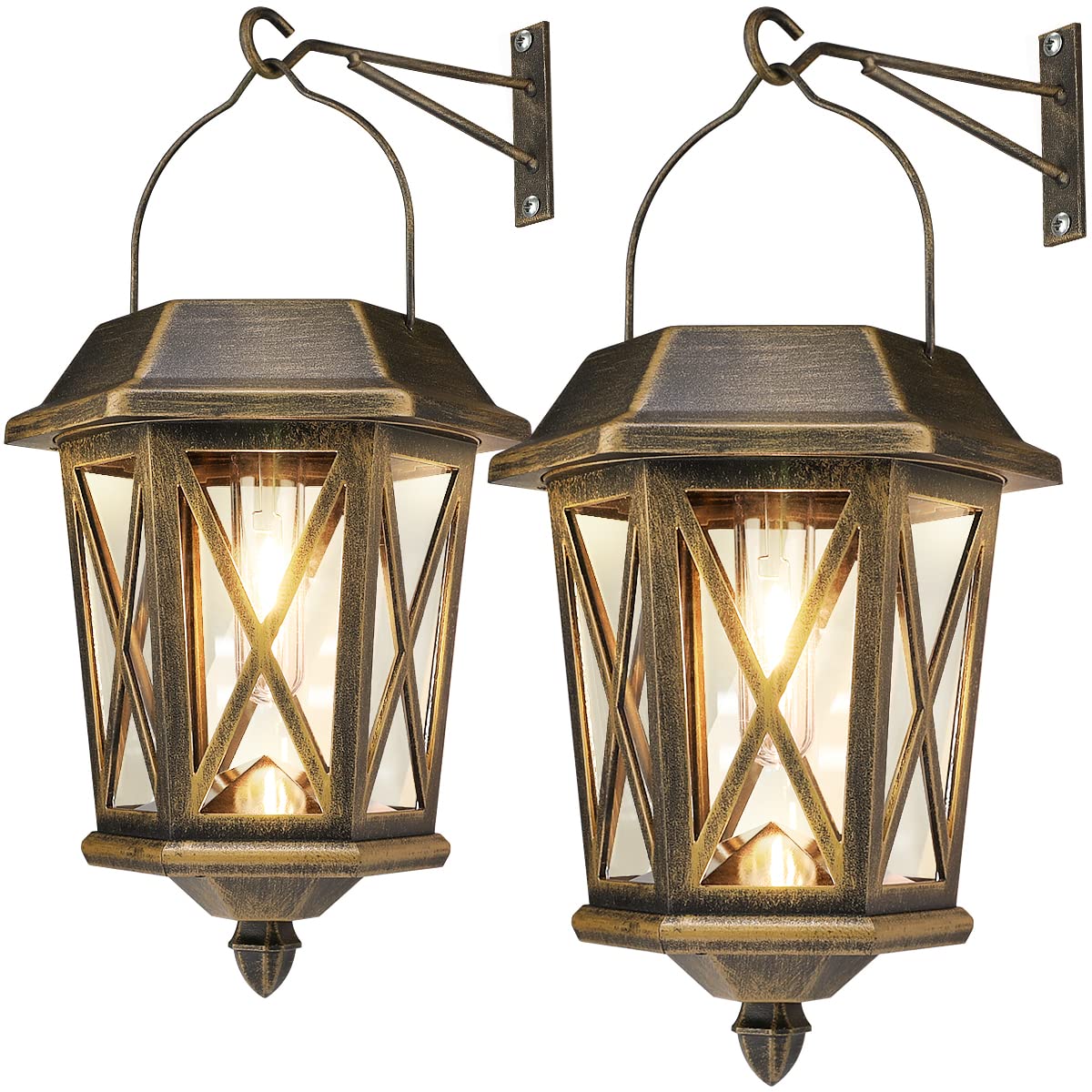 Solar Powered Outdoor Hanging Lanterns - 2 Pack Waterproof LED Metal Wall Lights with Clear Glass for Garden, Yard & Patio - Bronze Finish - Perfect for Backyard Decor, Pathway Lighting & Porch Ambiance