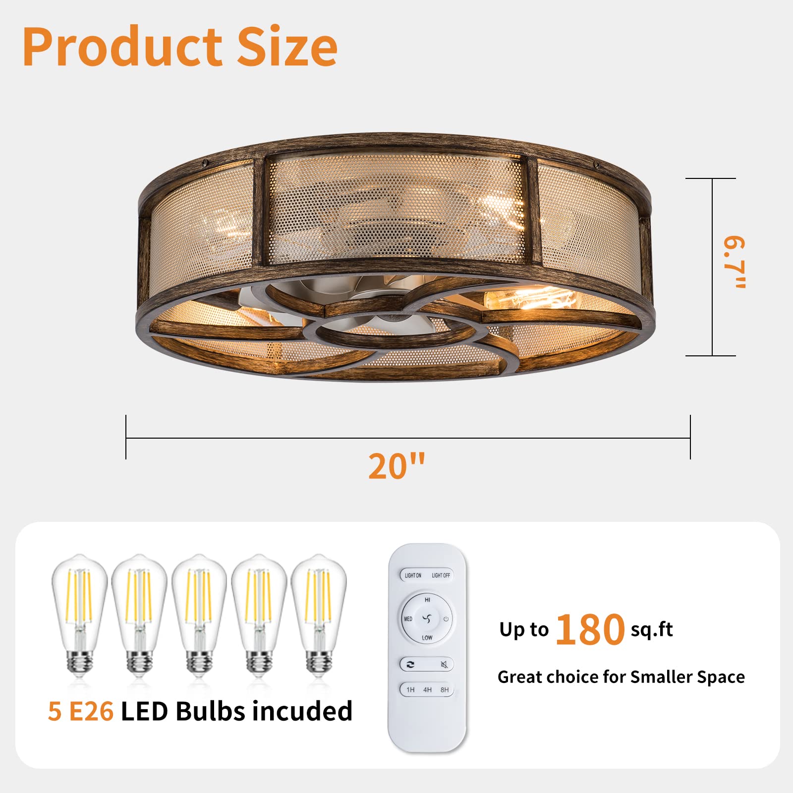 21'' Low Profile Bladeless Enclosed Ceiling Fan with Light & Remote Control - 6 Speed Reversible Rustic Farmhouse Style with 5 Bulbs - Perfect for Bedroom, Kitchen, Living Room & Indoor Spaces