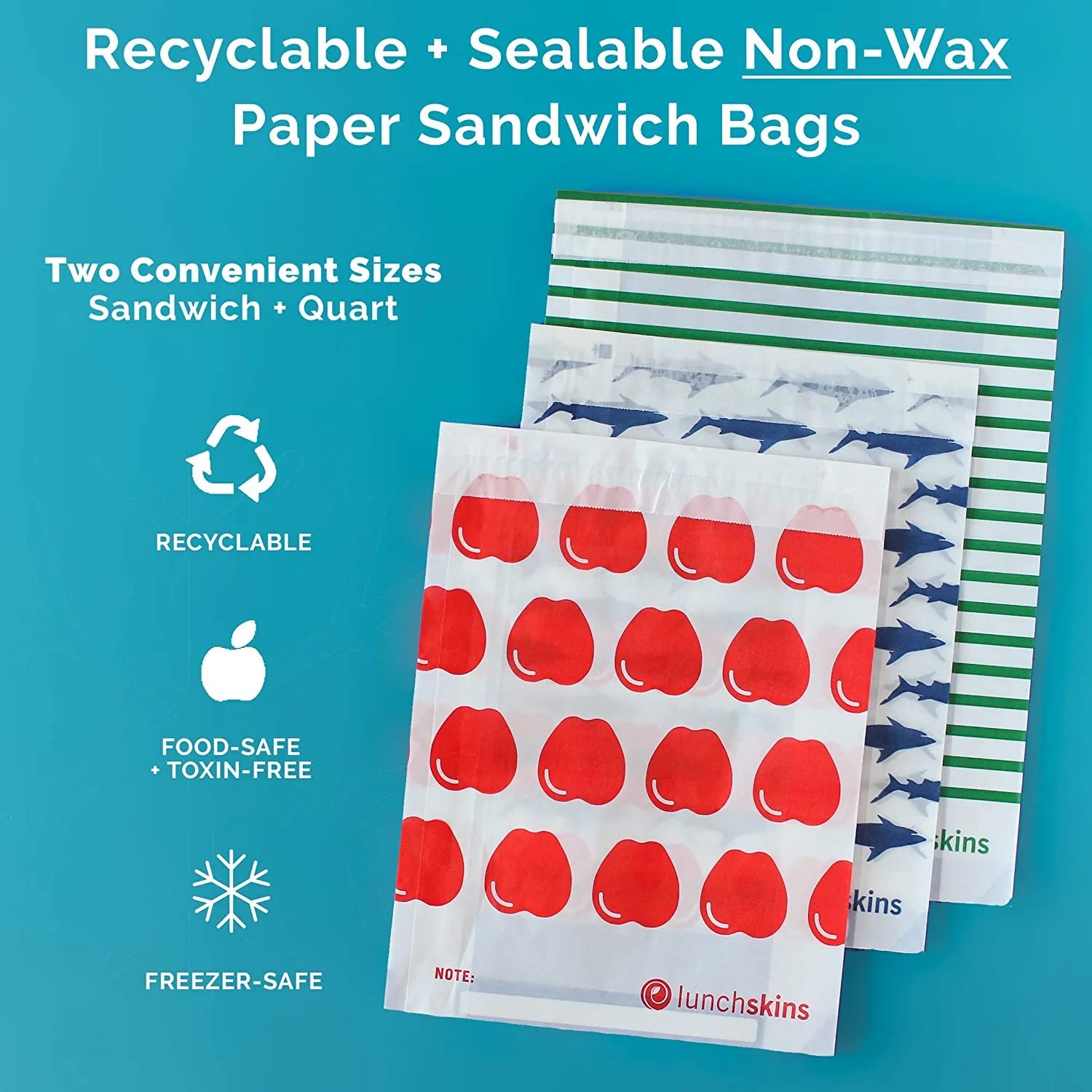 Eco-Friendly Lunchskins Paper Sandwich Bags - Sealable, Recyclable & Grease-Resistant Snack Bags for Kids & Adults - Self-Adhesive Closure Keeps Food Fresh - Perfect for School Lunches, Picnics, Office Meals & Home Use - BPA-Free Disposable Food Storage Solution