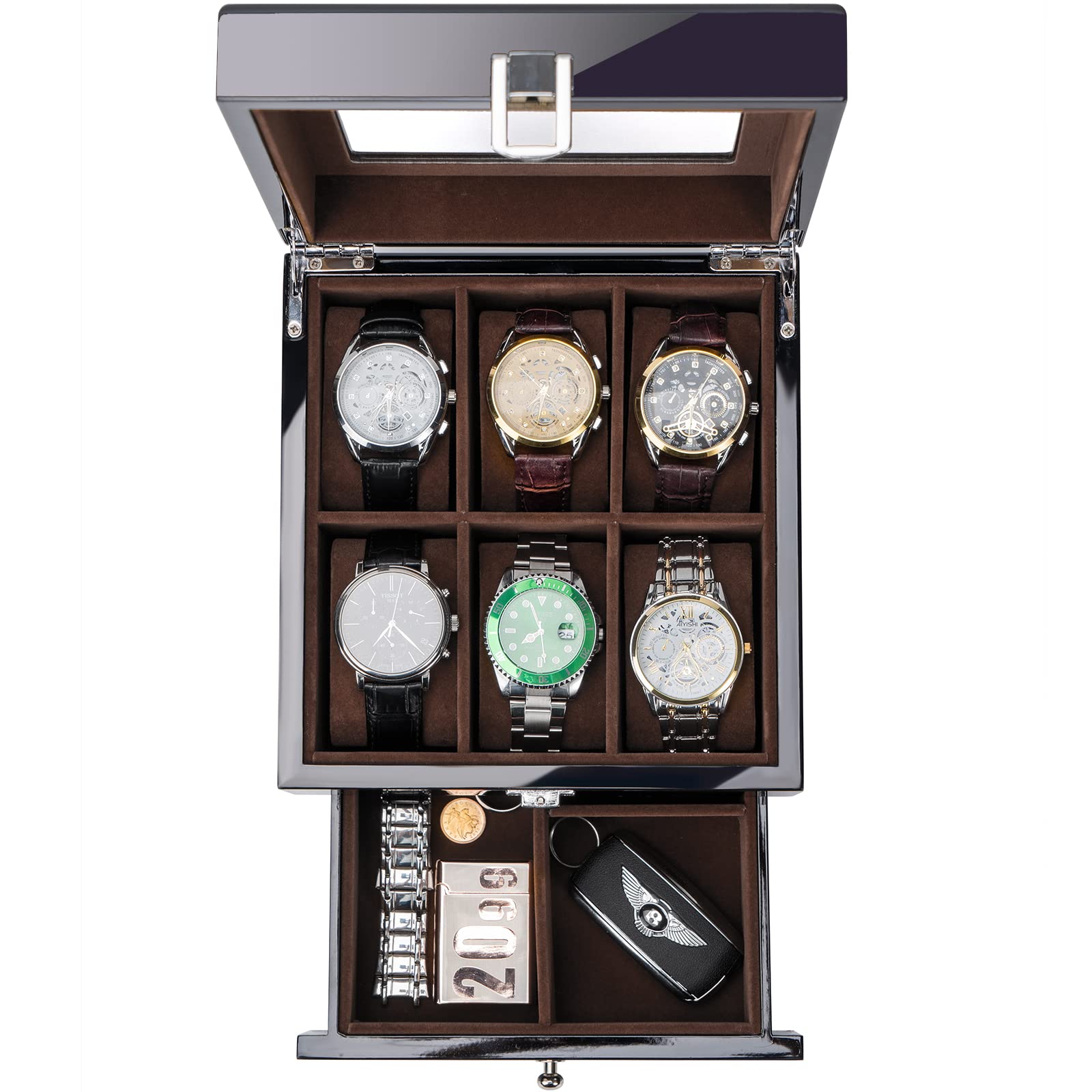 ProCase 6-Slot Lacquered Wooden Watch Box for Men - Premium Watch Organizer with Glass Top & 2-Tier Display Case - Perfect for Wristwatch Storage, Collection Display, and Travel (Black)