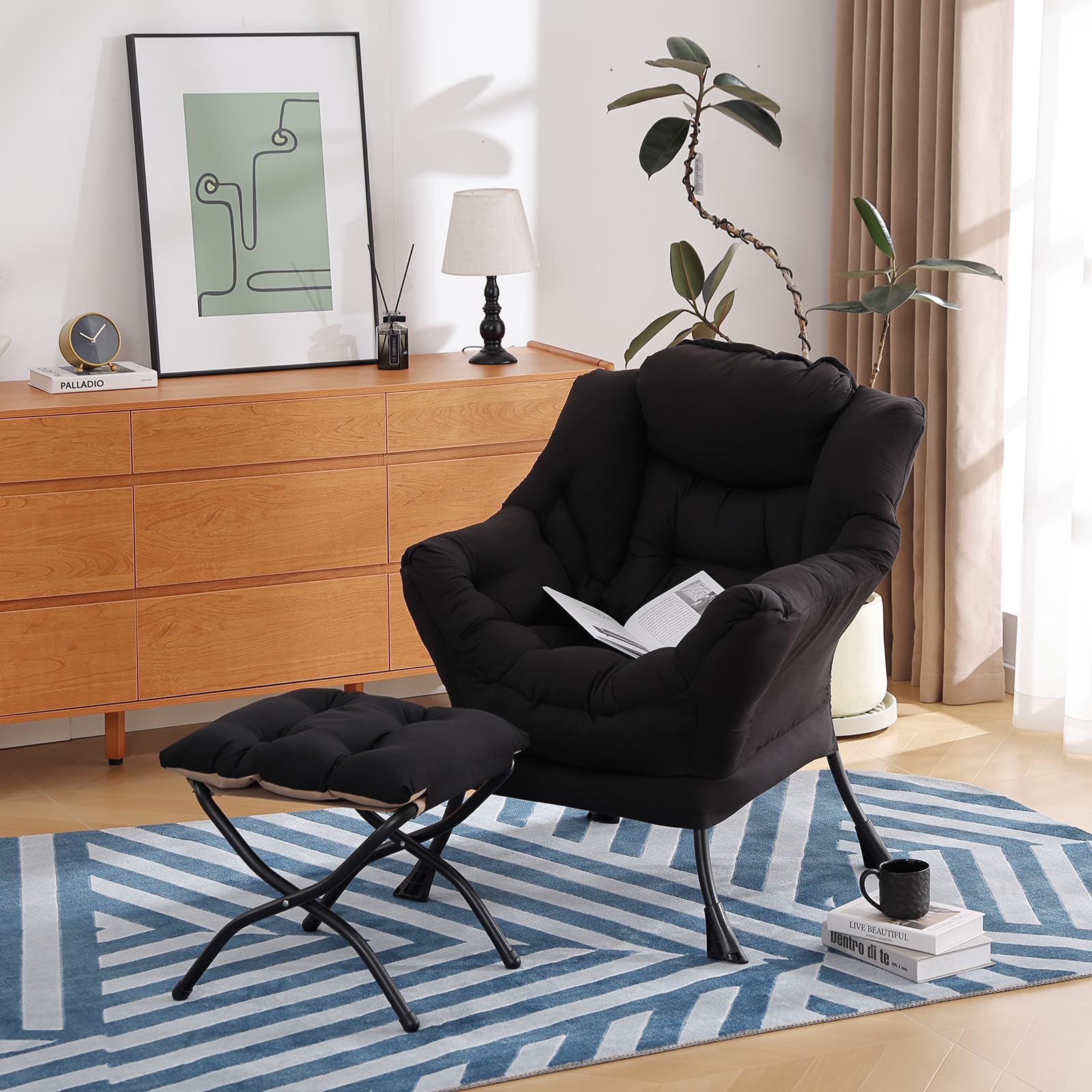 Modern Lazy Chair with Ottoman - Folding Footrest Lounge Accent Chair for Living Room - Comfortable Reading Recliner Chair (Black) - Perfect for Relaxing, Napping & Home Office Use