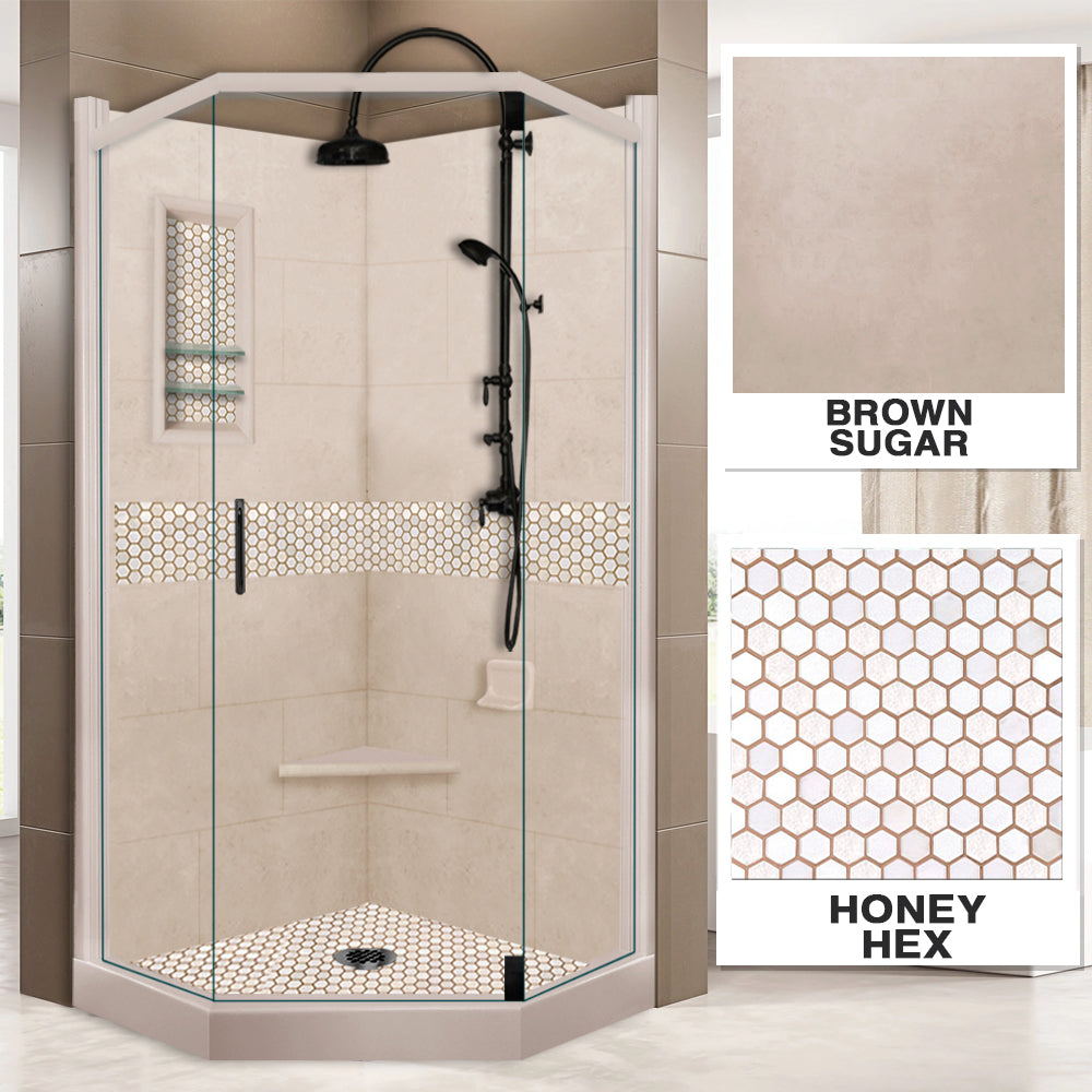 Neo Angle Brown Sugar Sistine Stone & Honey Hex Mosaic Tile - DIY Shower Remodel Kit for Bathroom, Backsplash, and Flooring Renovation