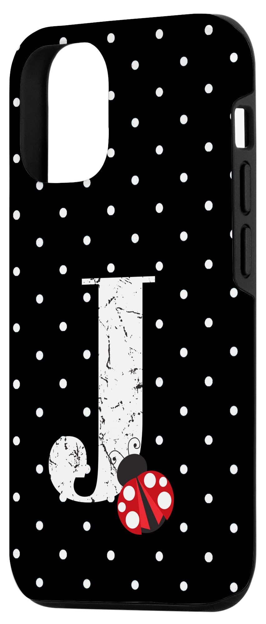 Custom iPhone 12/12 Pro Case - Ladybug Black & White Polka Dot Design with Monogram Letter J | Stylish Protective Cover for Work, Travel & Everyday Use