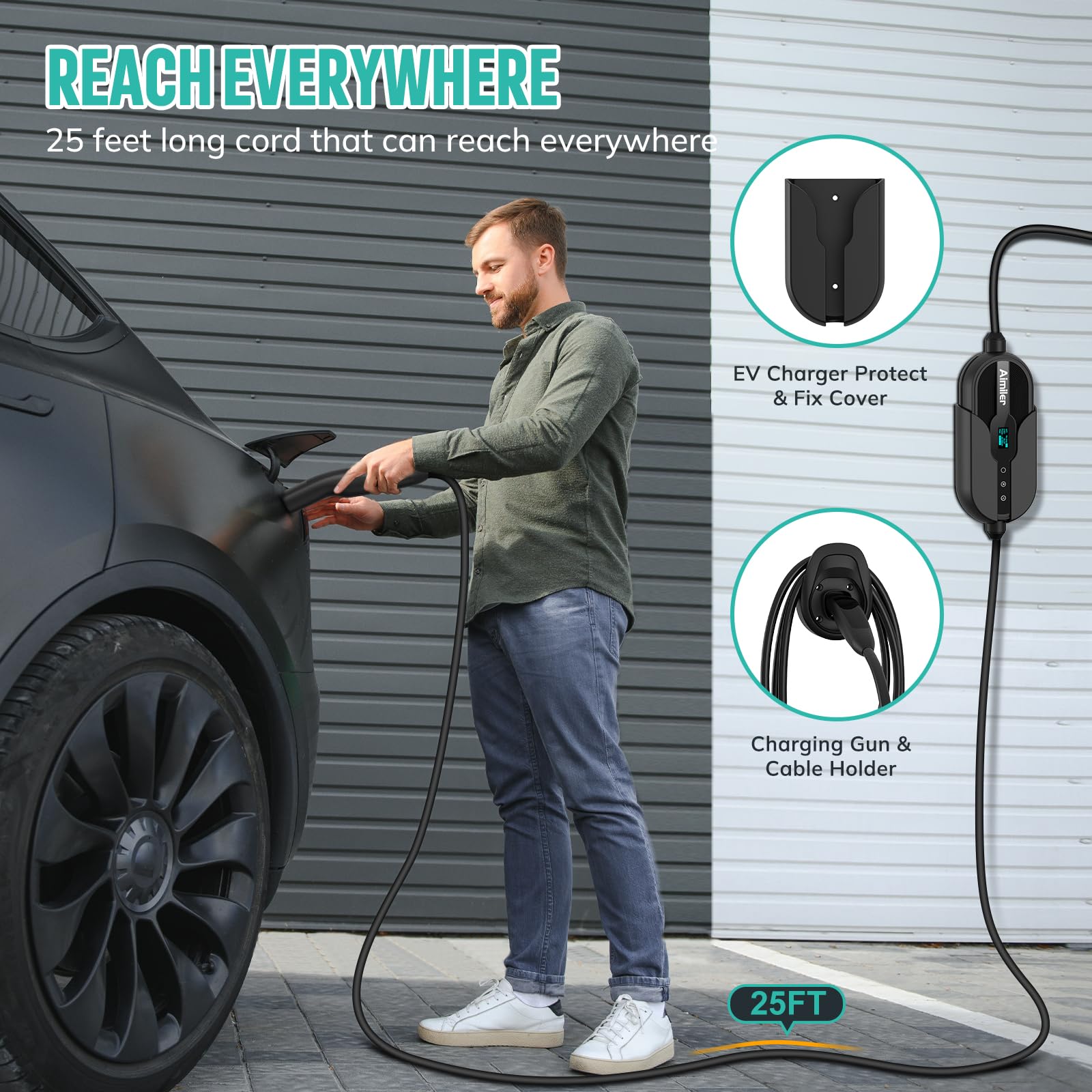 Tesla Level 2 EV Charger with WiFi & App Control - 240V 32A NEMA 14-50 Plug - 25ft Cable - Portable Home NACS Connector for Tesla Model X/Y/3/S - Fast Charging for Road Trips & Daily Commutes