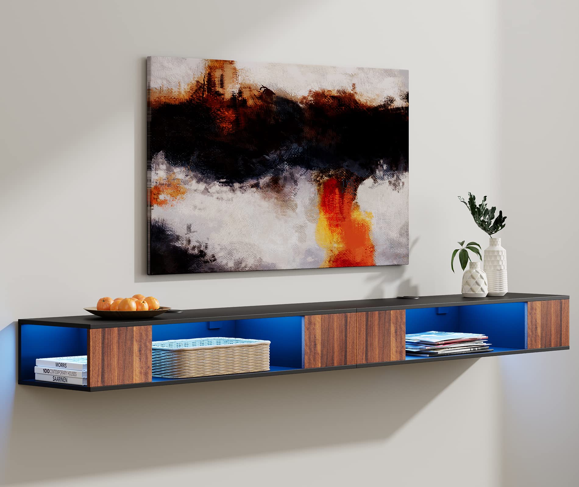 Wampat 80 Inch Floating TV Stand with Blue LED Lighting - Modern Wall Mounted Entertainment Center for 65-85 Inch TVs | Media Console with Storage Shelf | Black & Golden Walnut Finish | Perfect for Living Room, Bedroom & Home Theater Setup