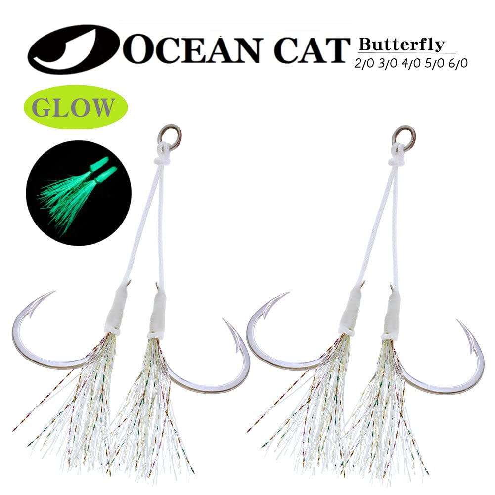 OCEAN CAT Rigged Assist Circle Hooks - Dancing Stinger Jigging Lures for Slow Fall & Fast Pitch Fishing - Perfect for Tuna, Bass, Shark in Southern California Waters | Saltwater Game Fishing & Offshore Angling