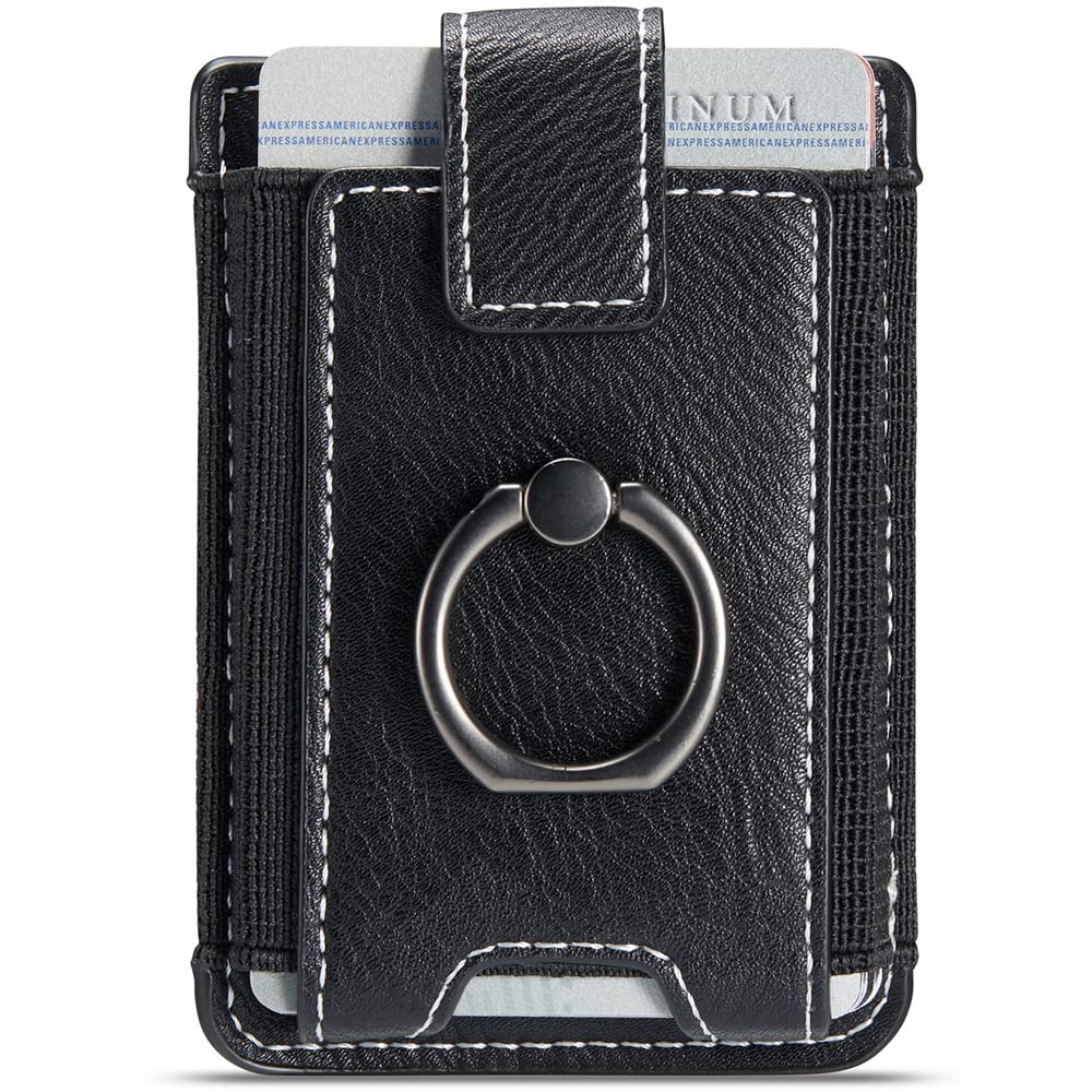 TopWooZU Adhesive Phone Card Holder with Ring Grip - Stick-on Credit Card Wallet Pocket for iPhone, Android & Smartphones (Black) - Perfect for Hands-Free Shopping, Travel & Daily Commute