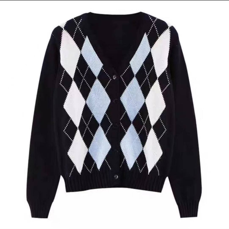 Black Argyle Women's Cardigan Sweater - Fashion Button V-Neck Long Sleeve Knit Plaid Sweater | Streetwear Thin Jacket for Women | Perfect for Office, Casual Outfits & Fall Layering