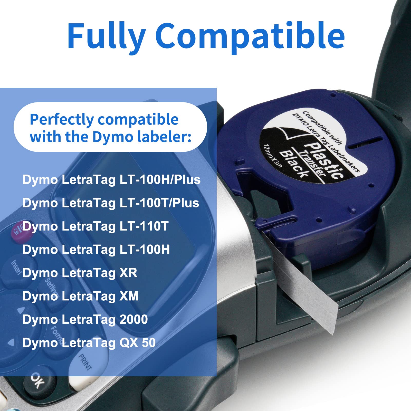 Dymo Label Maker Refills LT-335 Compatible Tape - 5 Pack White on Black Self-Adhesive Plastic LT Tape for DYMO LetraTag Plus LT-100T LT-100H QX50 - Perfect for Office Organization, Shipping Labels & Craft Projects