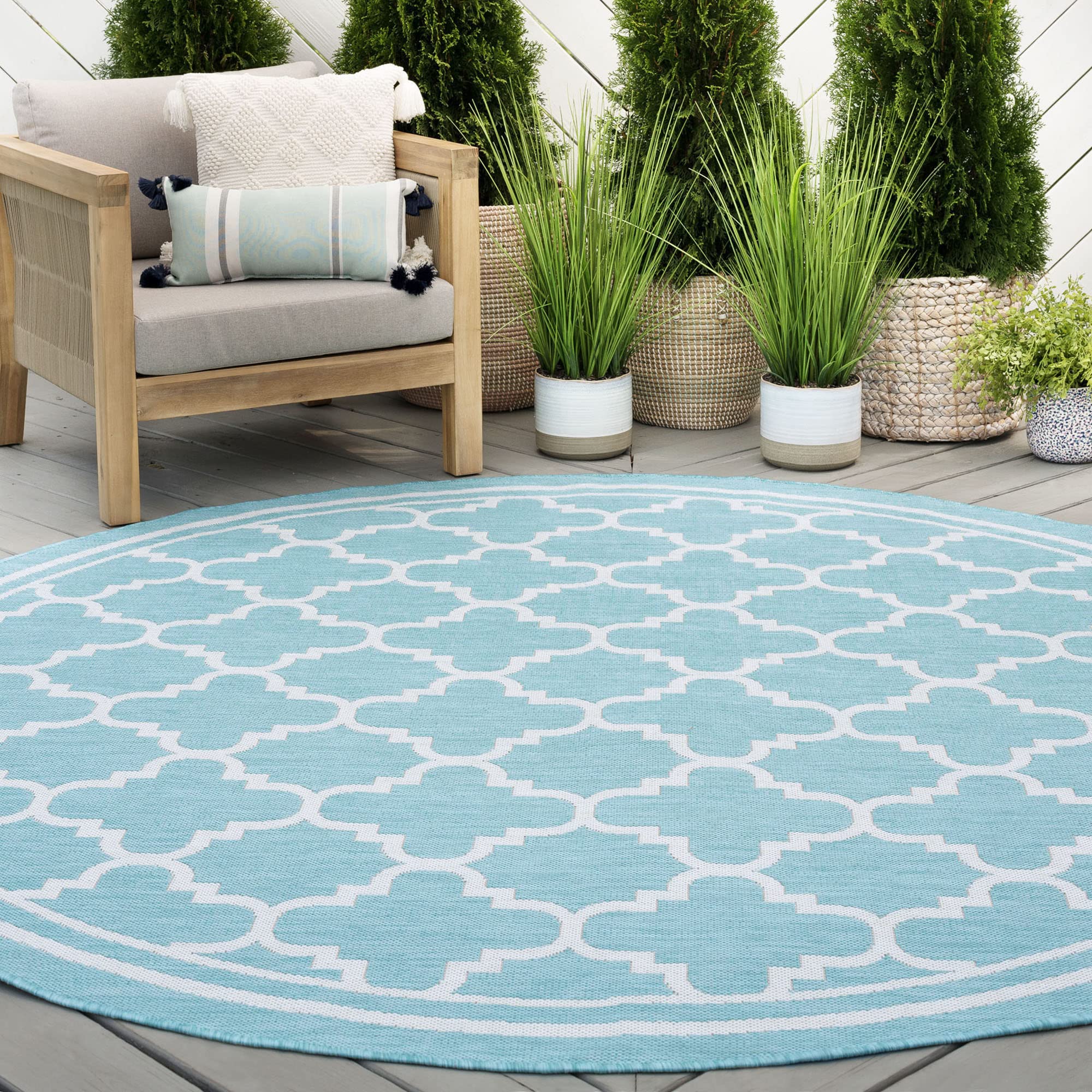 Waterproof 7'10'' Round Indoor Outdoor Rug - All-Weather Resistant for Patio, Deck, Porch, Entryway - Perfect for Outdoor Entertaining, Poolside Lounging & Home Decor
