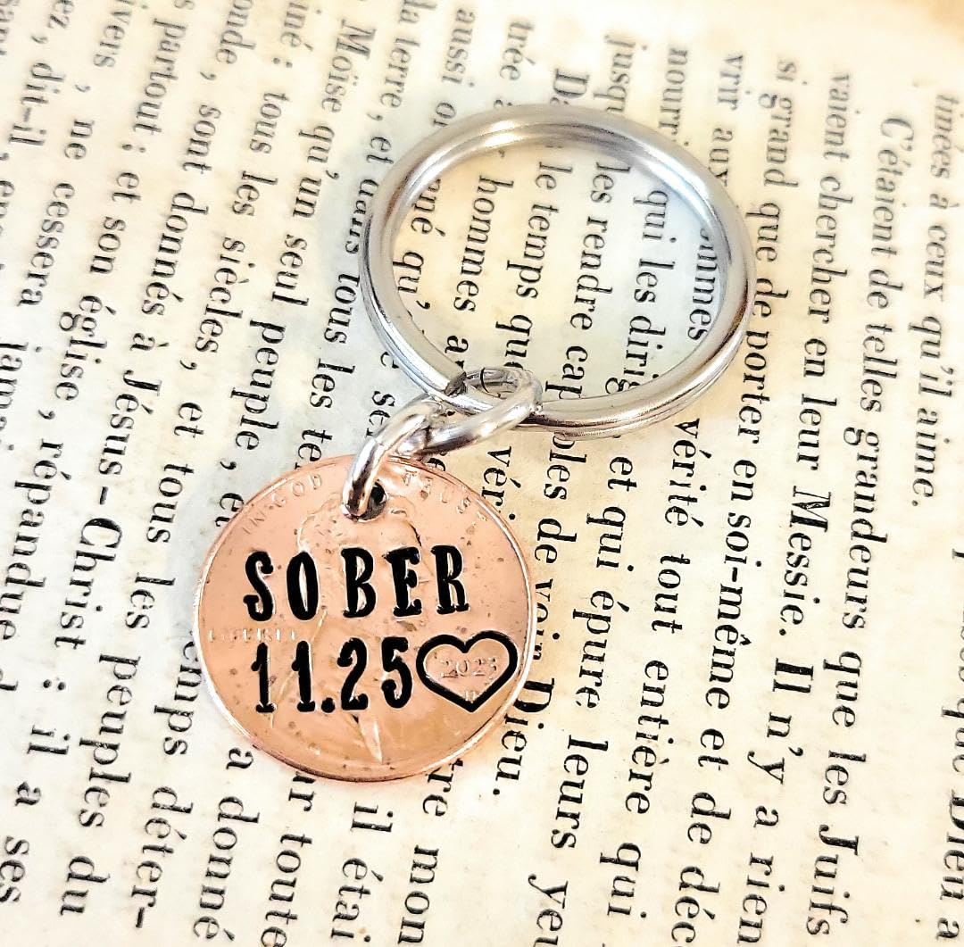Personalized SOBER Sobriety AA NA Anniversary Keychain - Recovery Coin & Lucky Penny Gift for Clean & Sober Life - Perfect for 1 Year, 5 Year, 10 Year Milestones in Addiction Recovery Programs