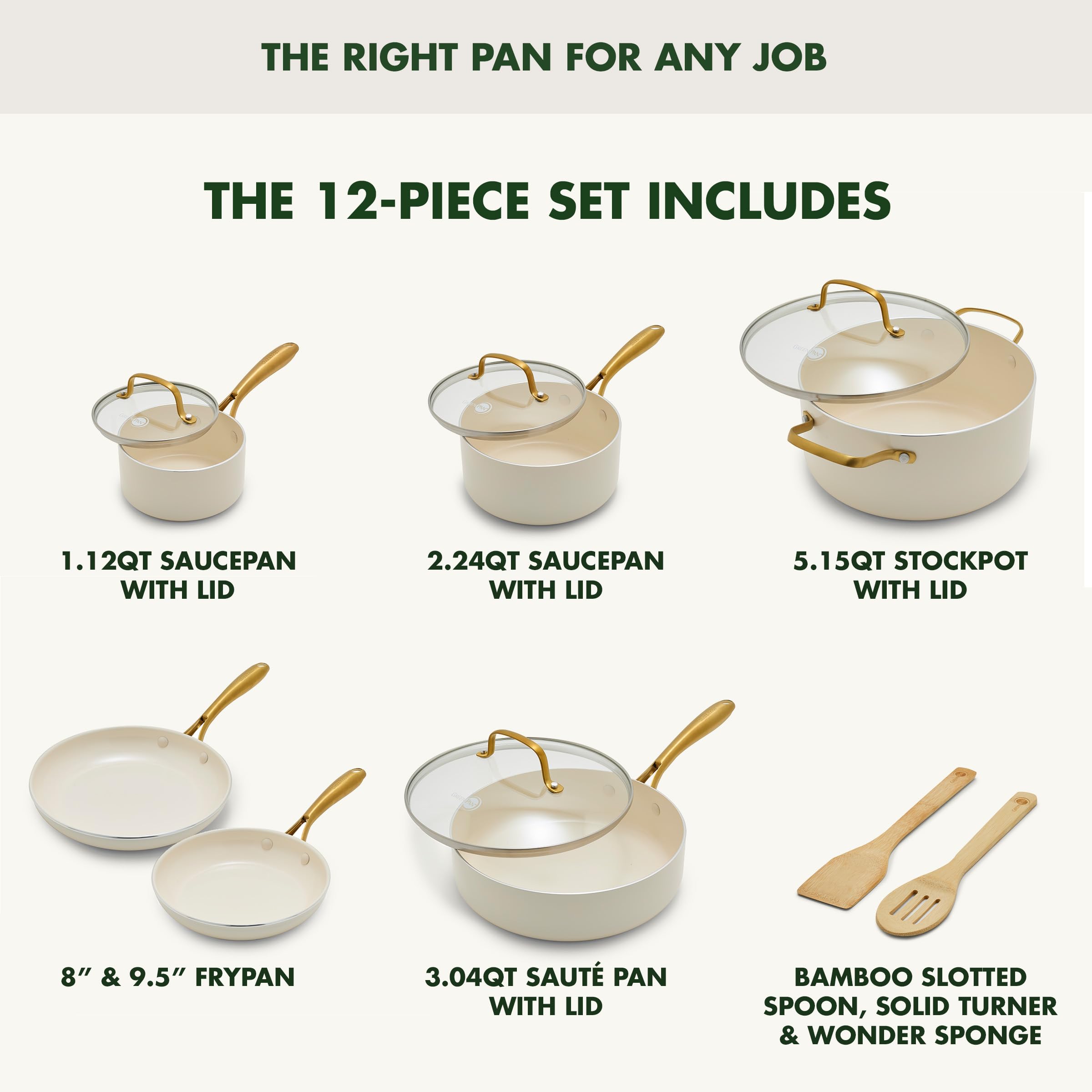 GreenPan Swift 12-Piece Nonstick Cookware Set - PFAS & PFOA-Free Ceramic Coating, Gold Stainless Steel Handles, Oven & Dishwasher Safe - Healthy Kitchen Essentials for Frying, Boiling & Baking (Cream Color)