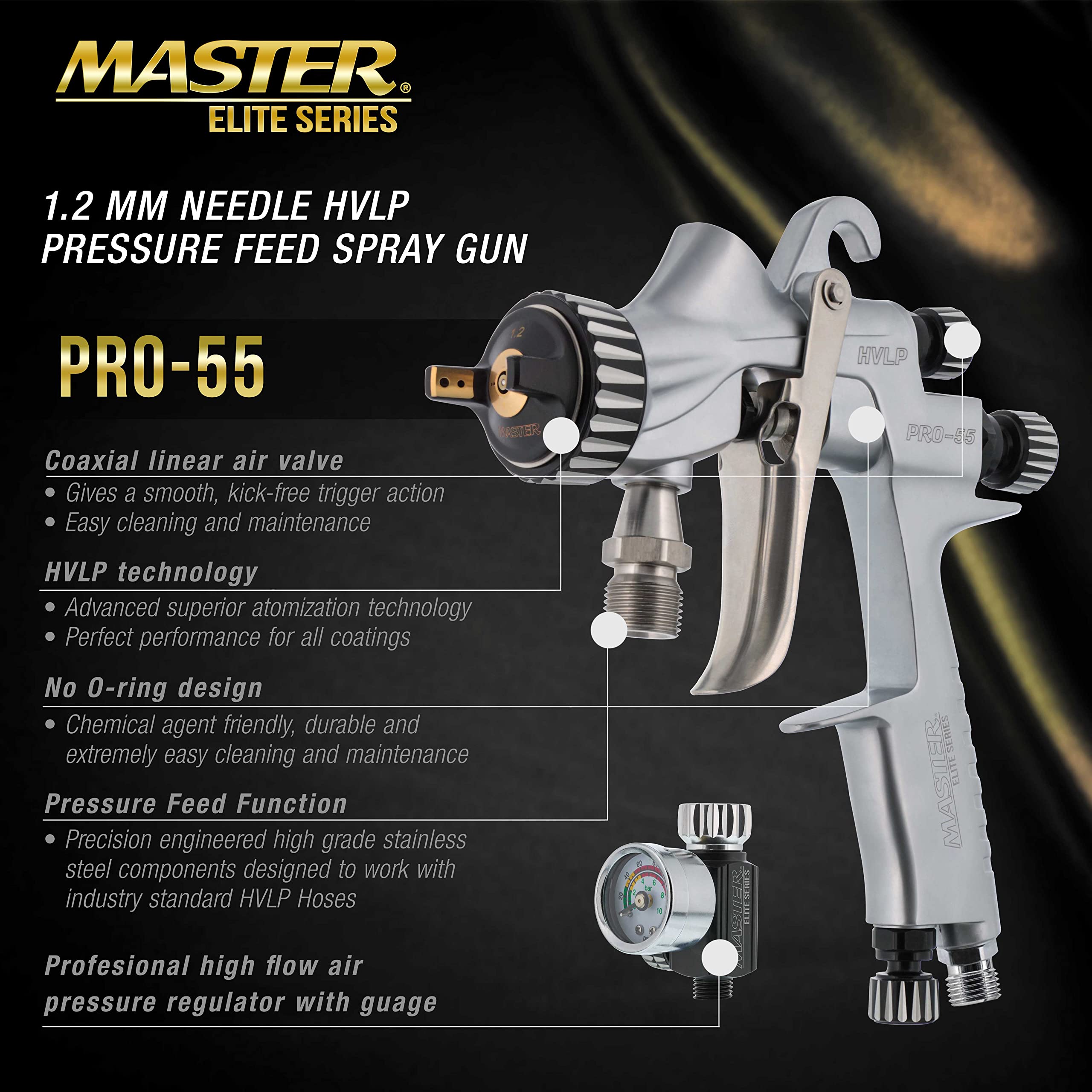 TCP Global 2 Quart Spray Paint Pressure Pot Tank with Master Elite 55 Series HVLP Spray Gun - 1.2mm Tip & 6' Air/Fluid Hose - Professional Automotive, Woodworking & DIY Painting Tool for Home Projects & Industrial Use