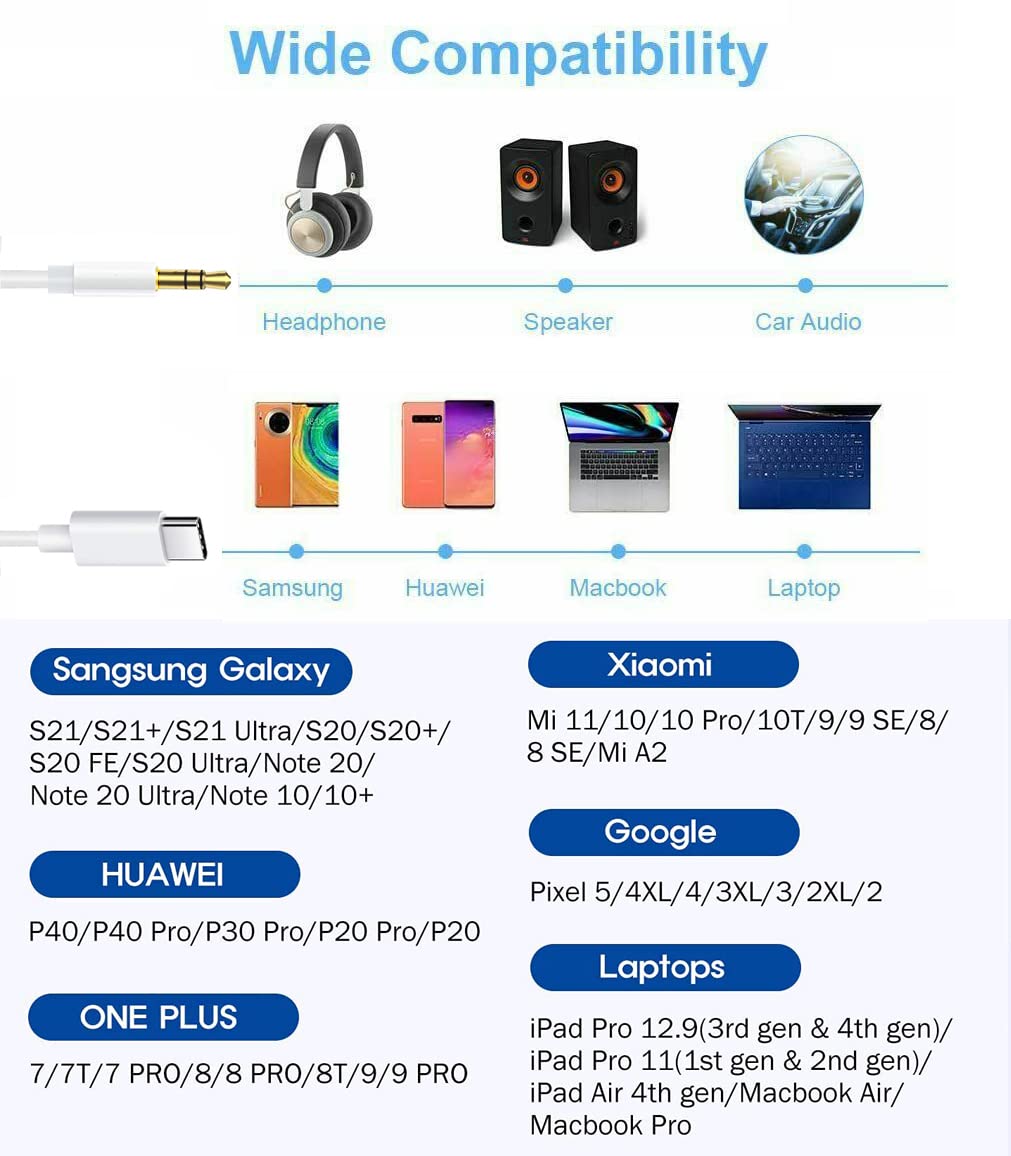 USB C to 3.5mm Audio Aux Cable - Compatible with iPhone 16/15, iPad Pro, MacBook Air/Pro, Samsung Galaxy S24/S23 Ultra, Google Pixel 7/6/5/4/3/2 XL - High Quality Headphone Adapter for Music, Gaming & Car Audio
