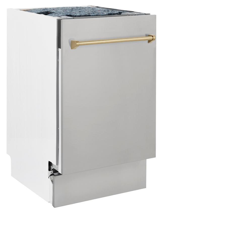 ZLINE Autograph Edition 18-inch Compact Dishwasher with 3rd Rack - Stainless Steel & Champagne Bronze Handle, Ultra Quiet 51dBa (DWVZ 304 18 CB) - Perfect for Small Kitchens, Apartments, and RV Living