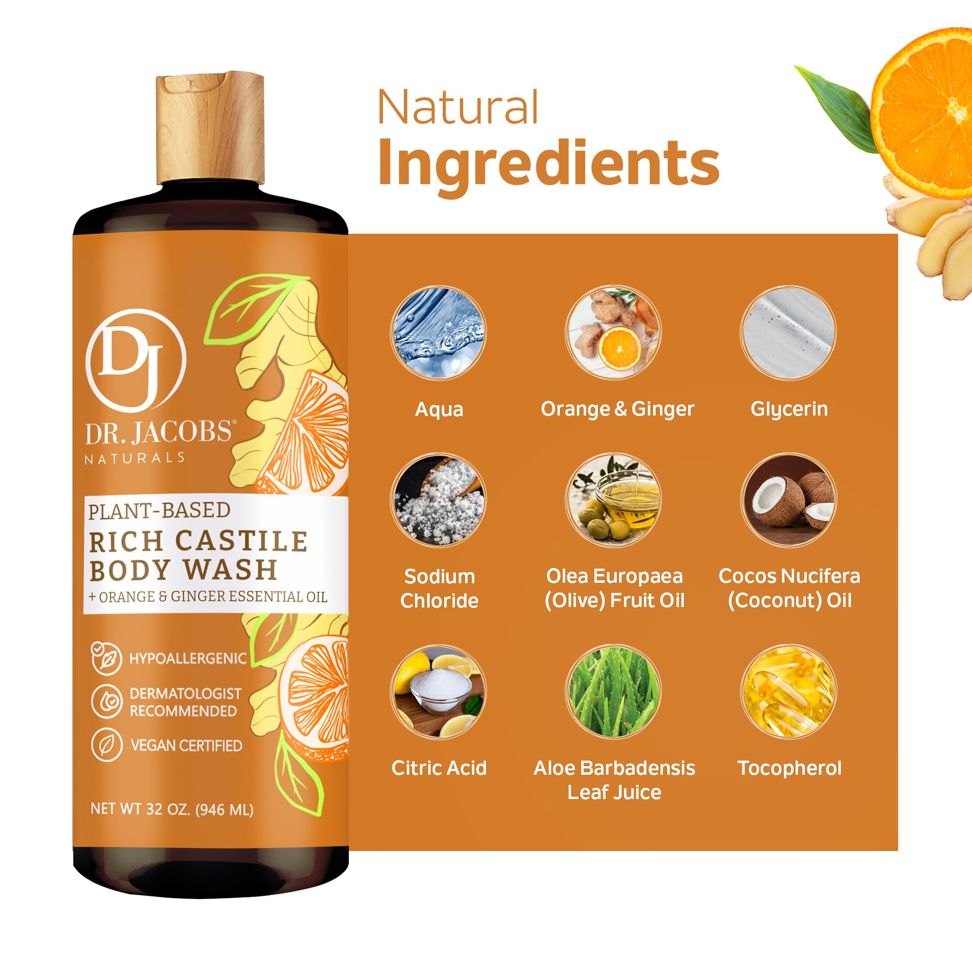 DR. JACOBS NATURALS Castile Orange & Ginger All-Natural Body Wash & Shampoo - Moisturizing for Dry & Sensitive Skin, Plant-Based Ingredients, Gluten-Free, Preservative-Free - 32 oz (Pack of 3) | Gentle Cleansing for Daily Shower & Hair Care