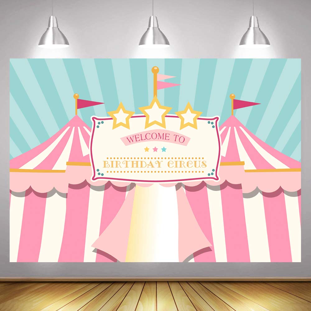 Pastel Pink & Teal Circus Backdrop - 7x5ft Big Top Tent Carnival Carousel Banner for Girls 1st Birthday Party, Baby Shower, Cake Table & Photo Booth Decoration | Perfect for First Birthday Celebrations, Baby Showers, and Themed Photo Shoots